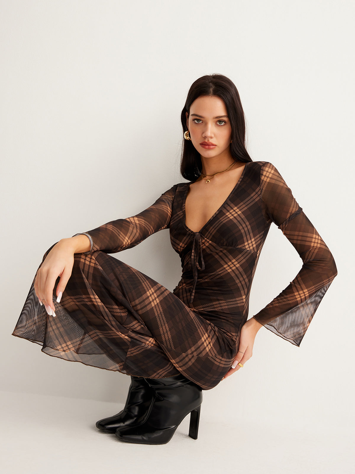 Semi-Sheer Checked Bell-Sleeve Mesh Dress-Massicos