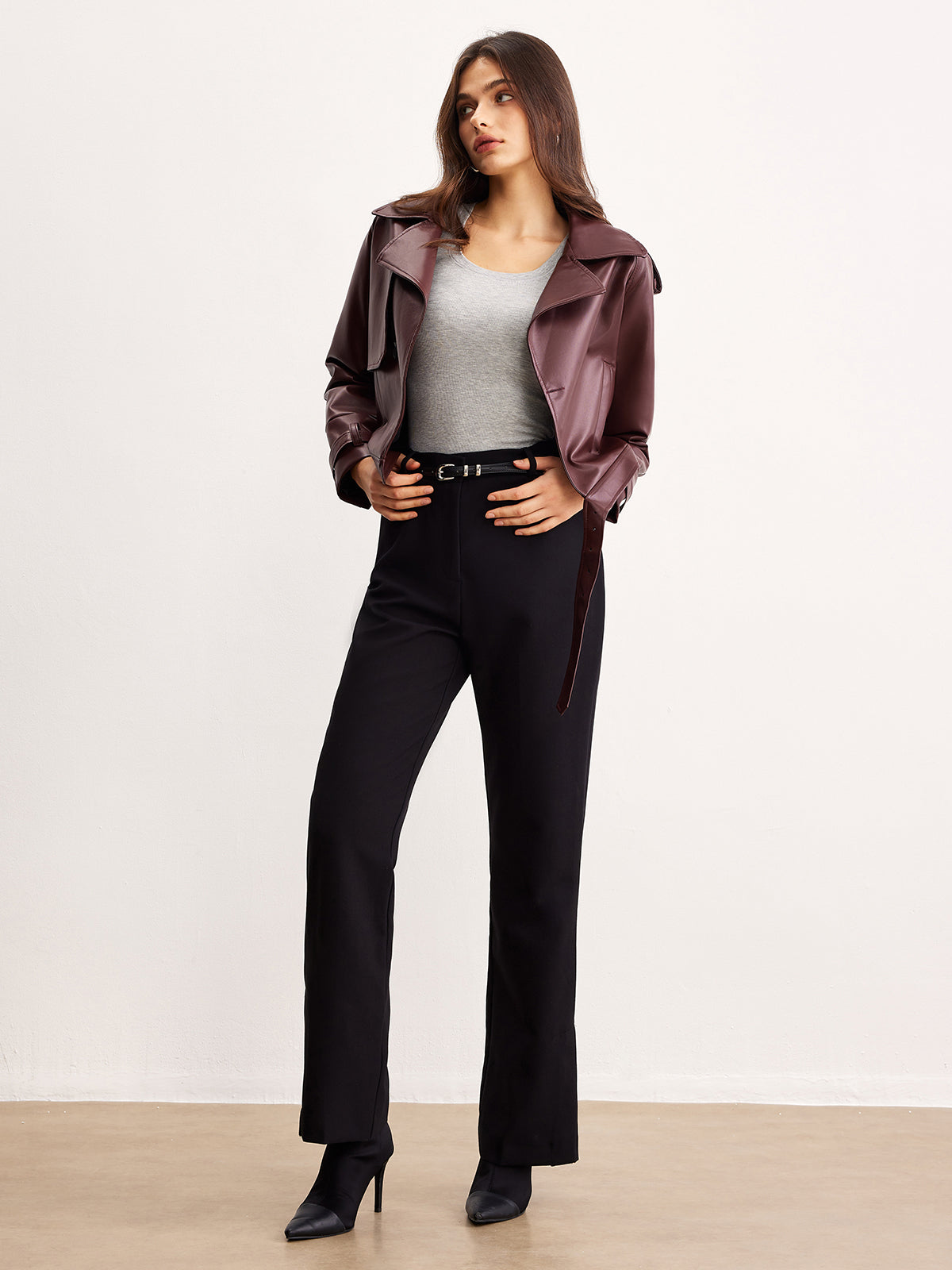Faux Leather Belted Short Jacket-Massicos