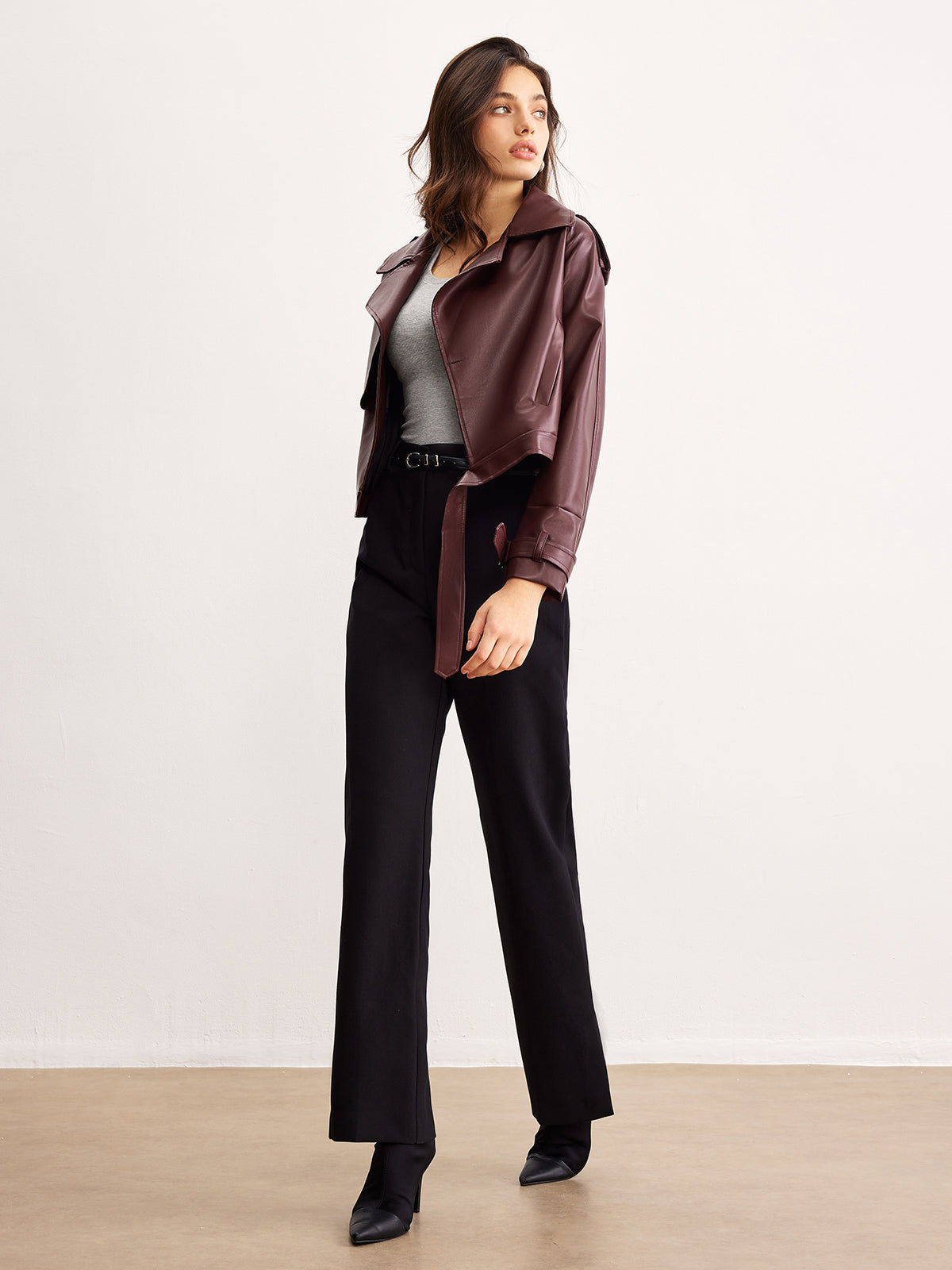 Faux Leather Belted Short Jacket-Massicos