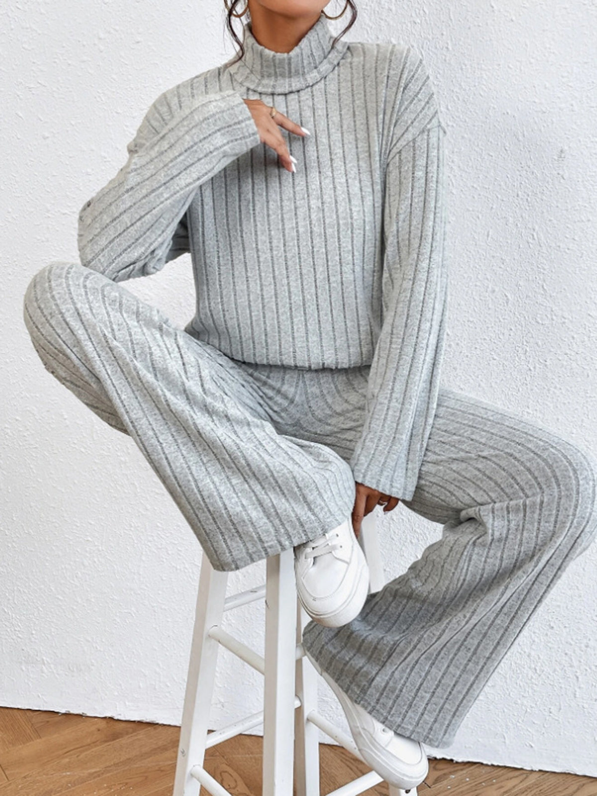 Mock Neck Ribbed Cozy Pants Set-Massicos
