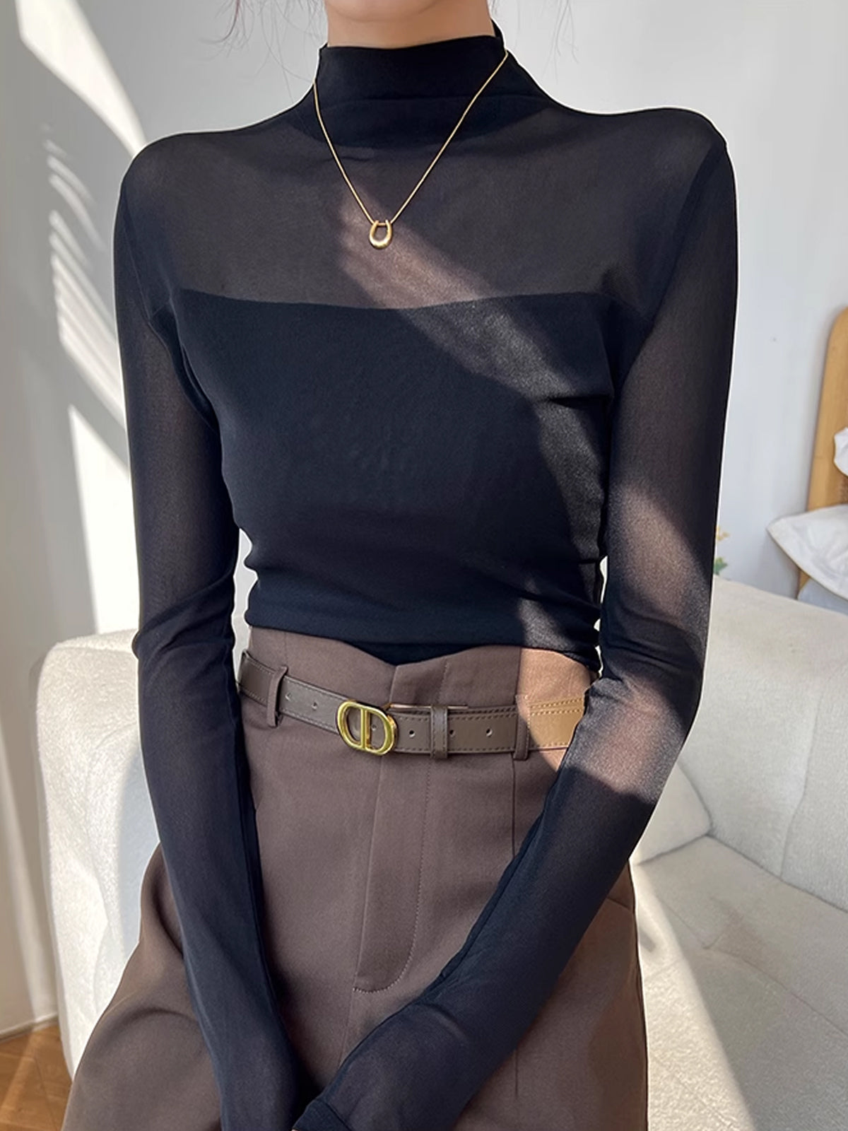 Mock Neck Sheer Mesh Panel T-Shirt-Massicos