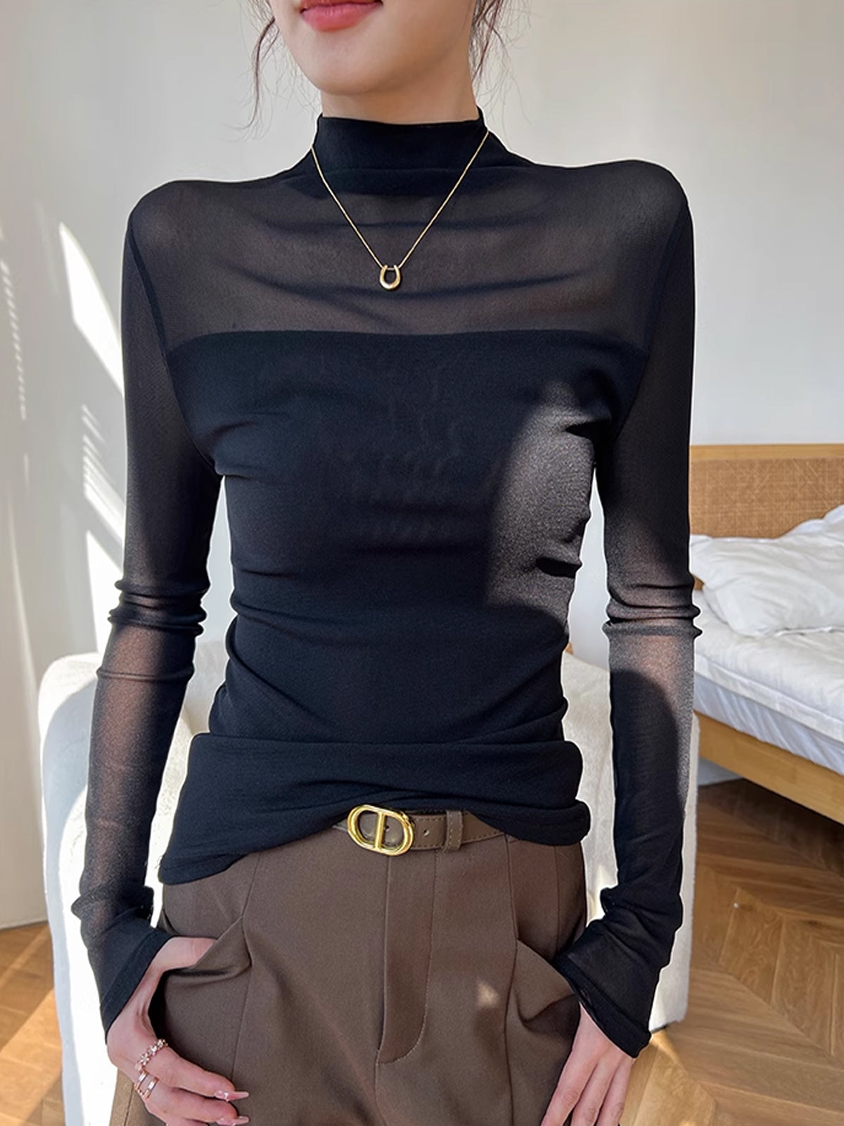 Mock Neck Sheer Mesh Panel T-Shirt-Massicos