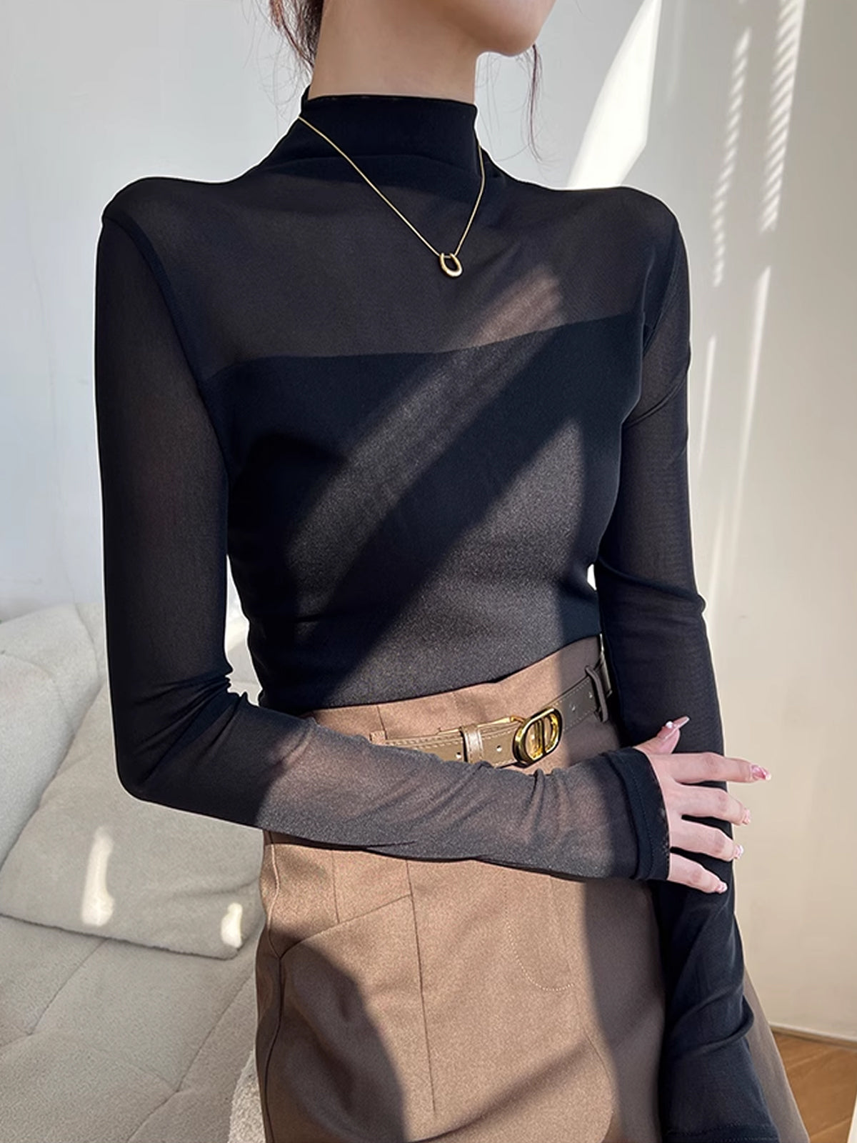 Mock Neck Sheer Mesh Panel T-Shirt-Massicos