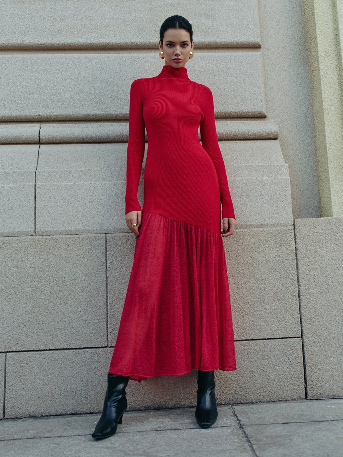 Mock Neck  Pleated Panel Sweater Dress-Massicos