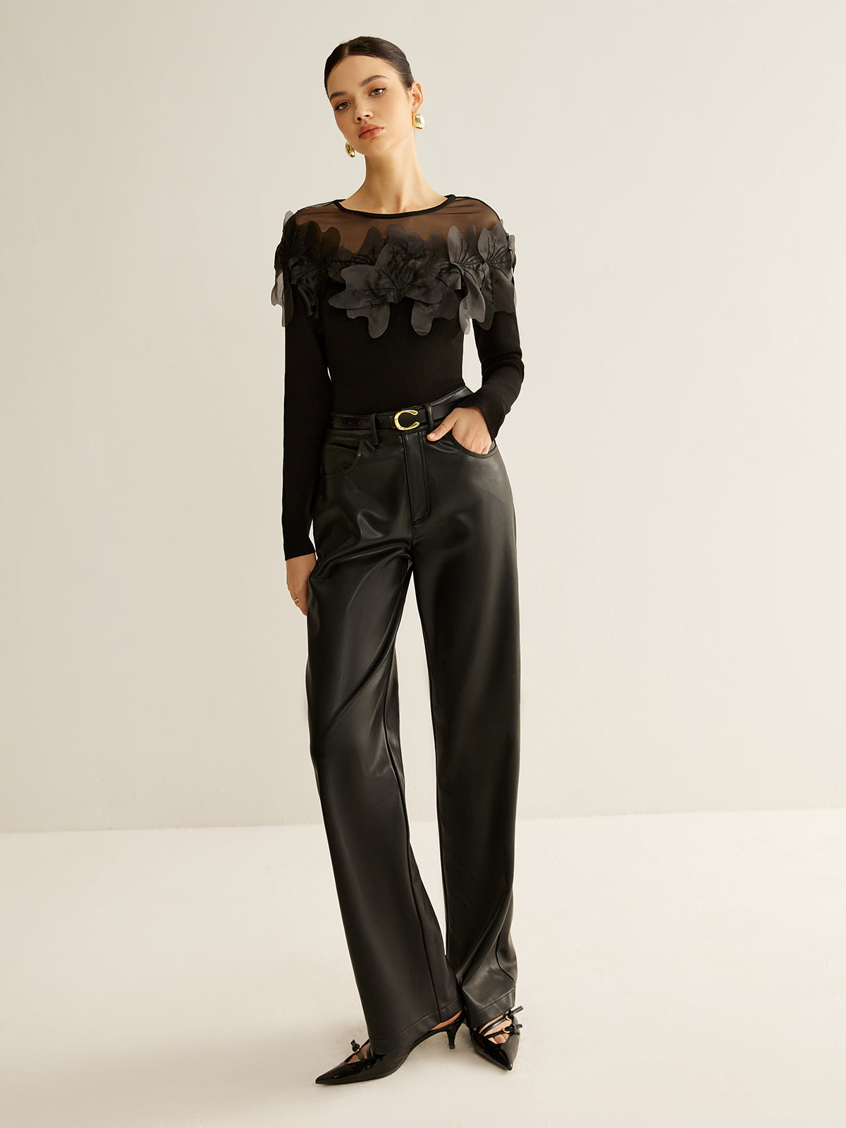 Semi-Sheer Floral Decor Slim Blouse-Massicos