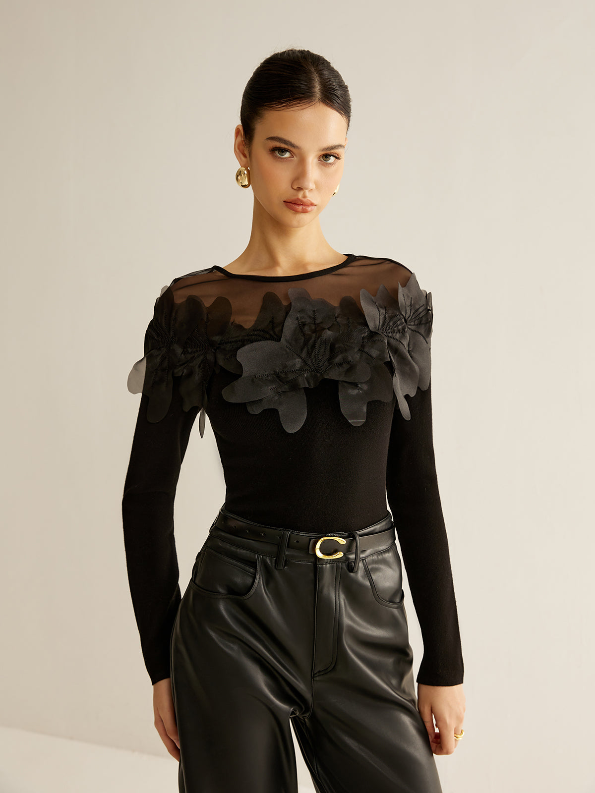 Semi-Sheer Floral Decor Slim Blouse-Massicos