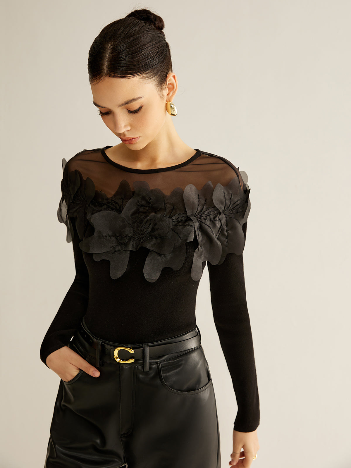 Semi-Sheer Floral Decor Slim Blouse-Massicos