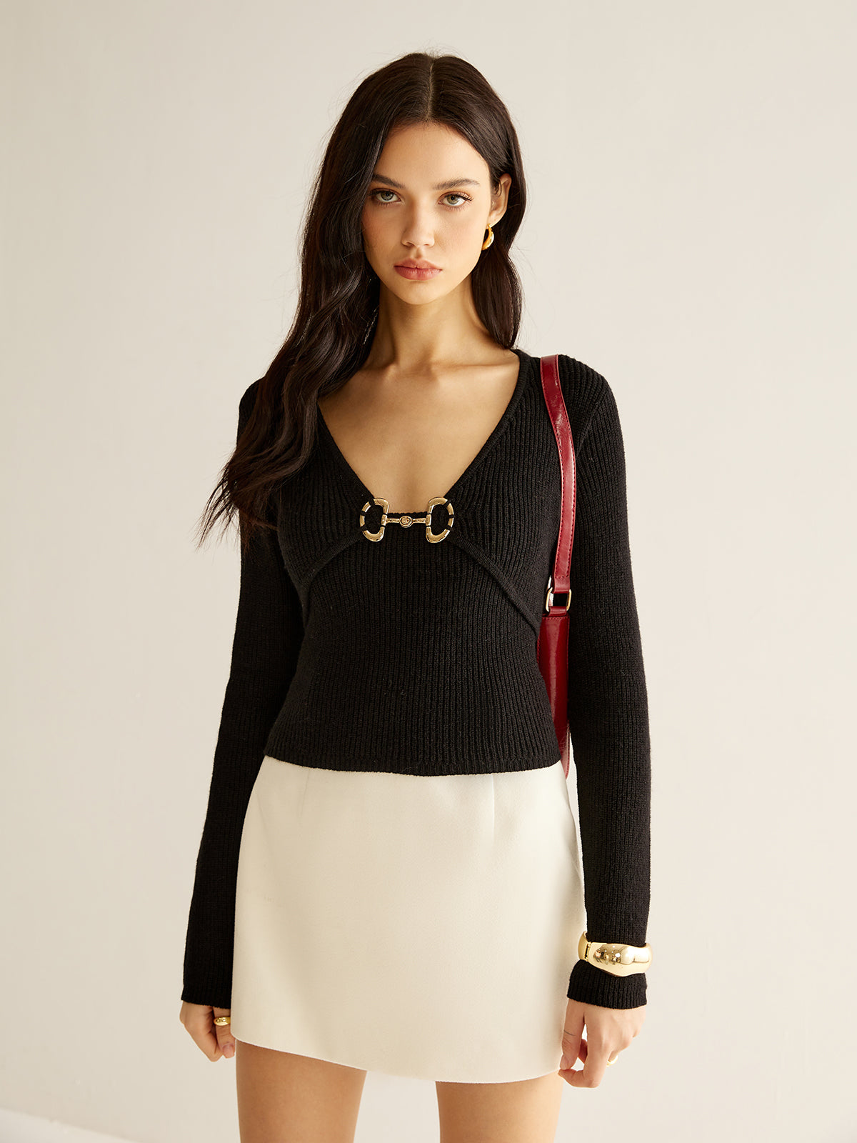 V-Neck Metal Detail Sweater-Massicos
