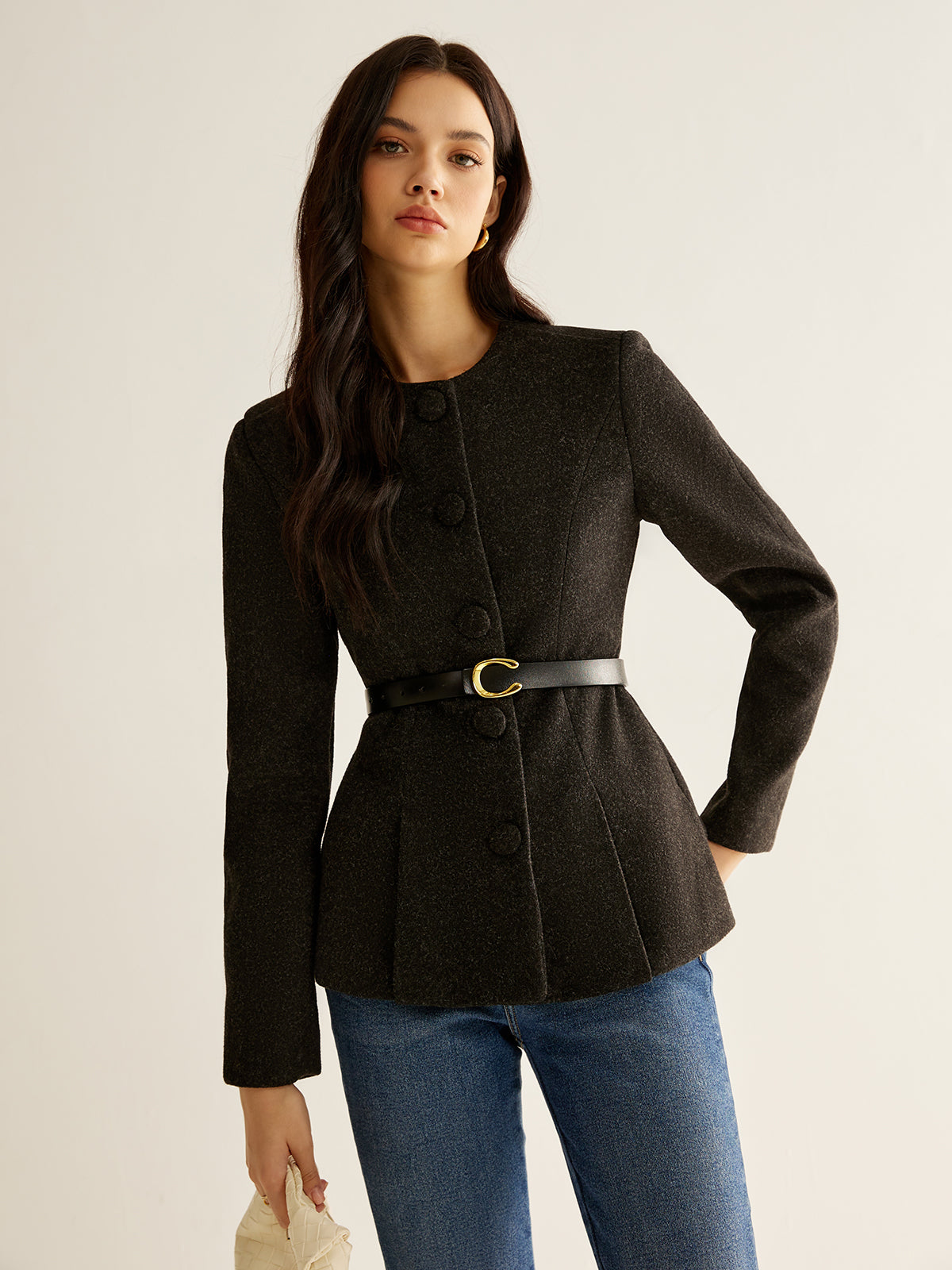 Pleated Button Slim Blazer Without Belt-Massicos