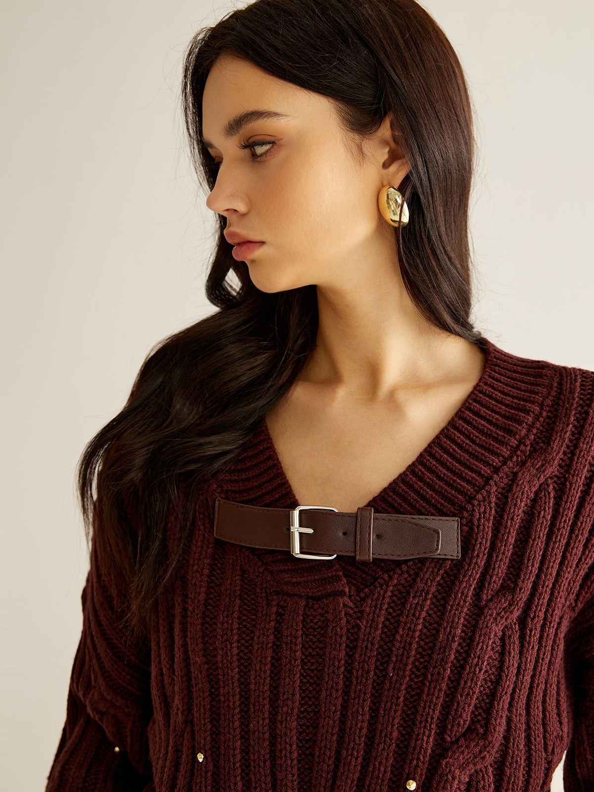 Buckle Belted Beaded Knit Top-Massicos