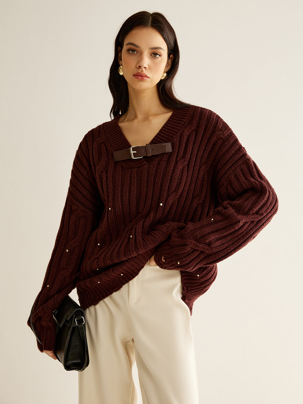 Buckle Belted Beaded Knit Top-Massicos