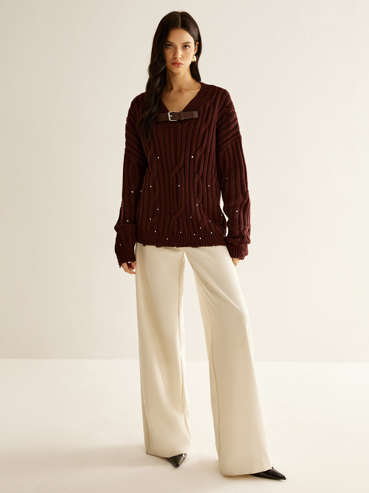 Buckle Belted Beaded Knit Top-Massicos