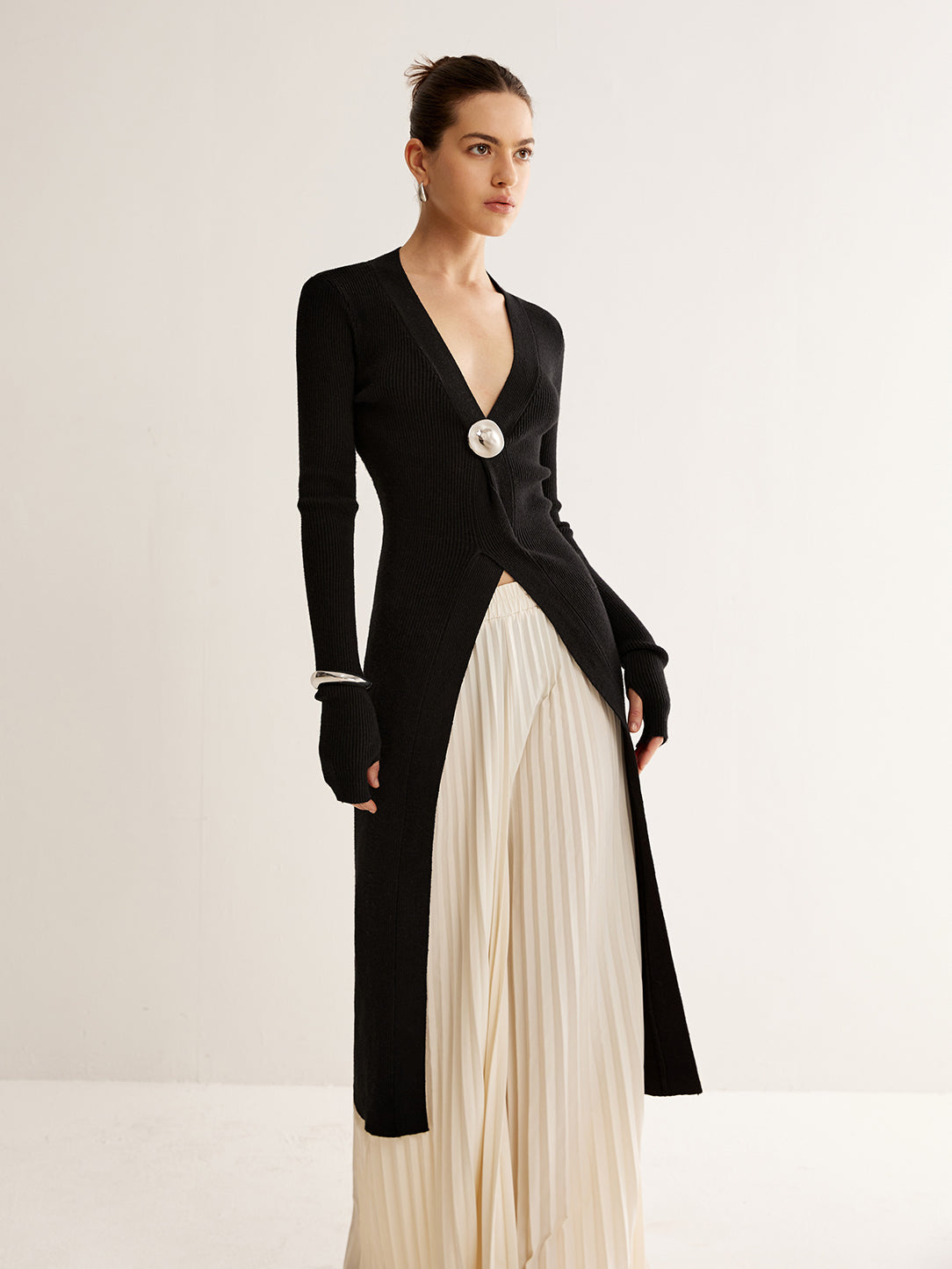 Metal Decor Split Knit Long Top-Massicos