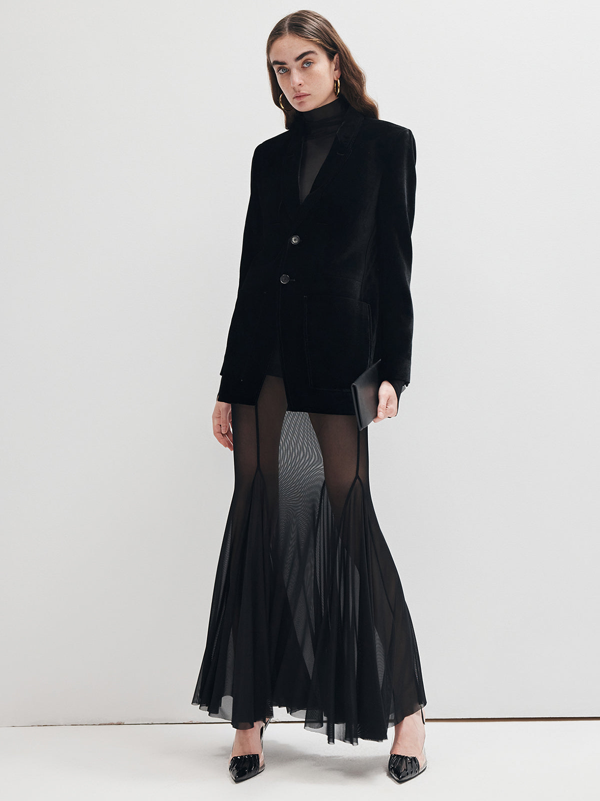 Ruffle Sheer Panel Maxi Skirt-Massicos