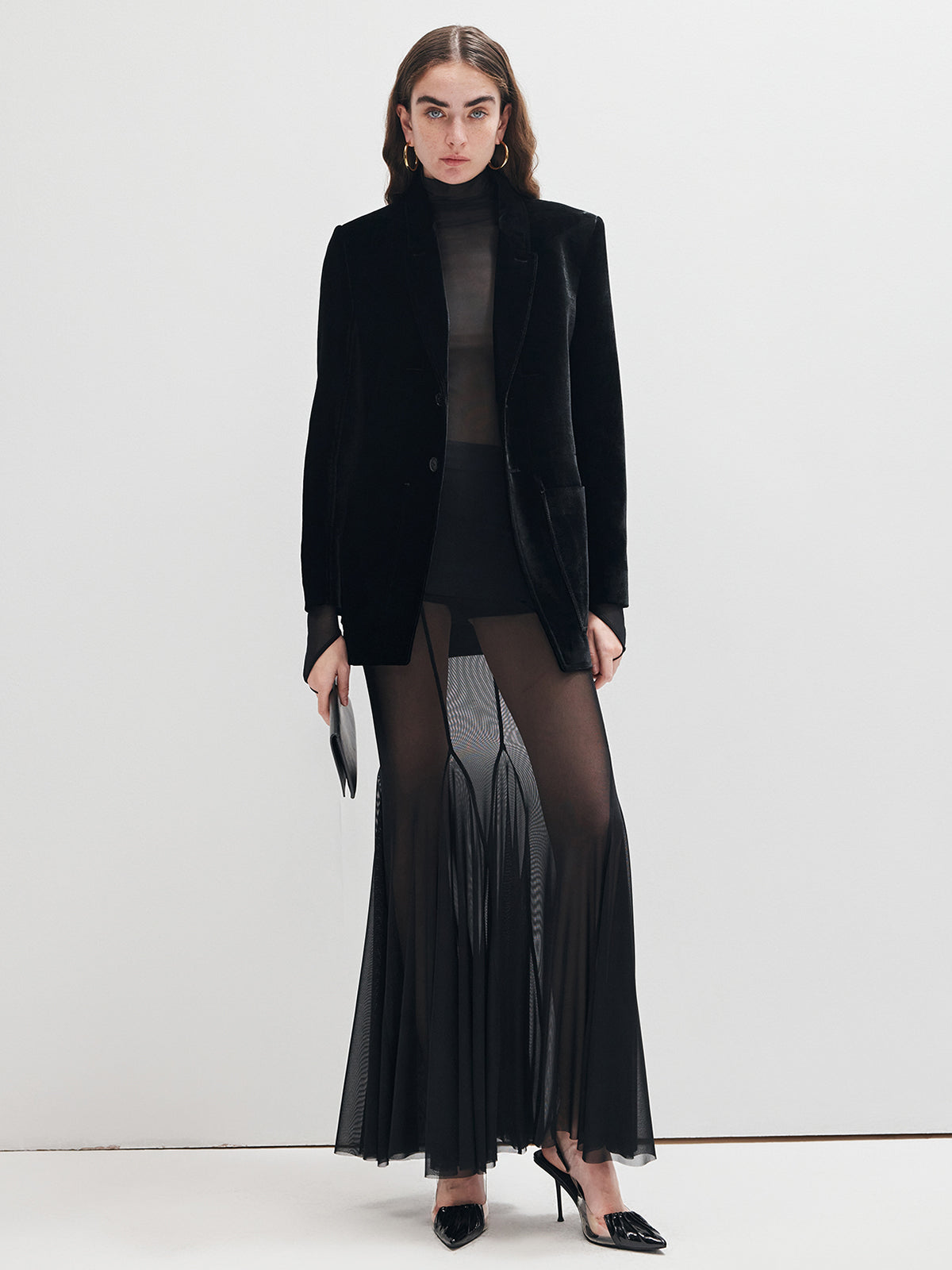 Ruffle Sheer Panel Maxi Skirt-Massicos