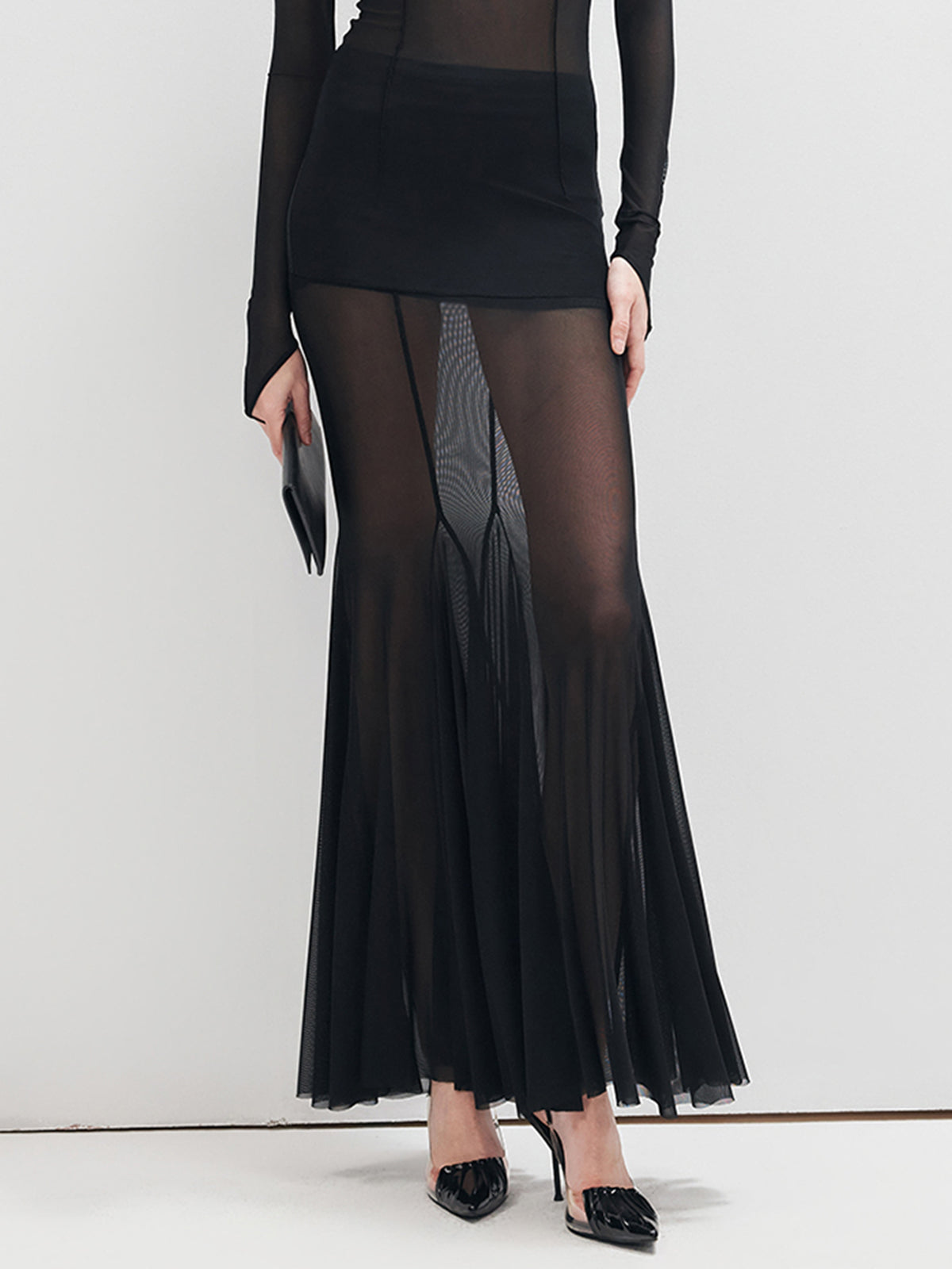 Ruffle Sheer Panel Maxi Skirt-Massicos