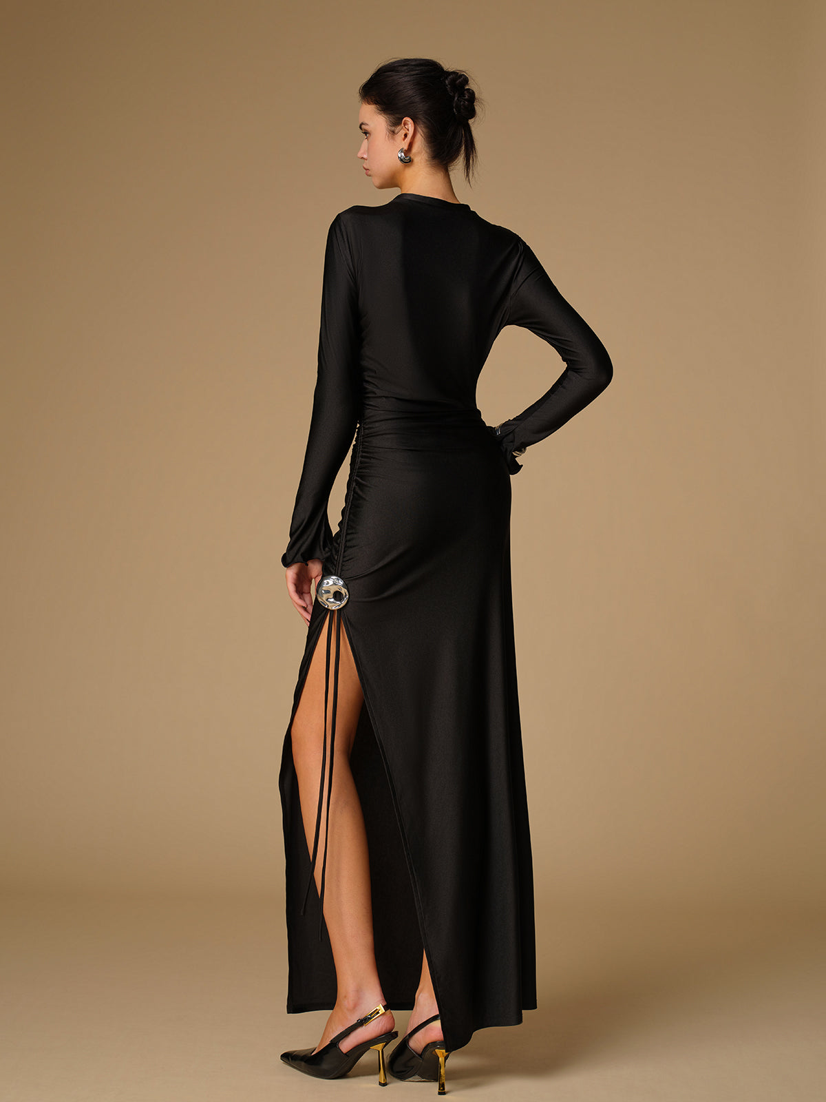 Metal Decor Split Pleated Long Dress-Massicos