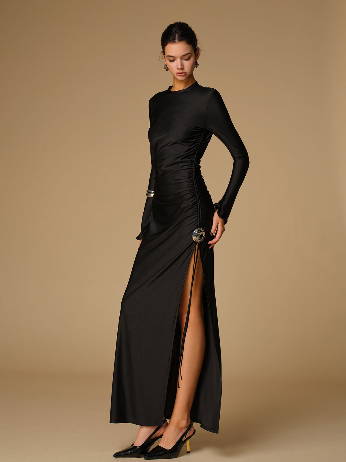Metal Decor Split Pleated Long Dress-Massicos