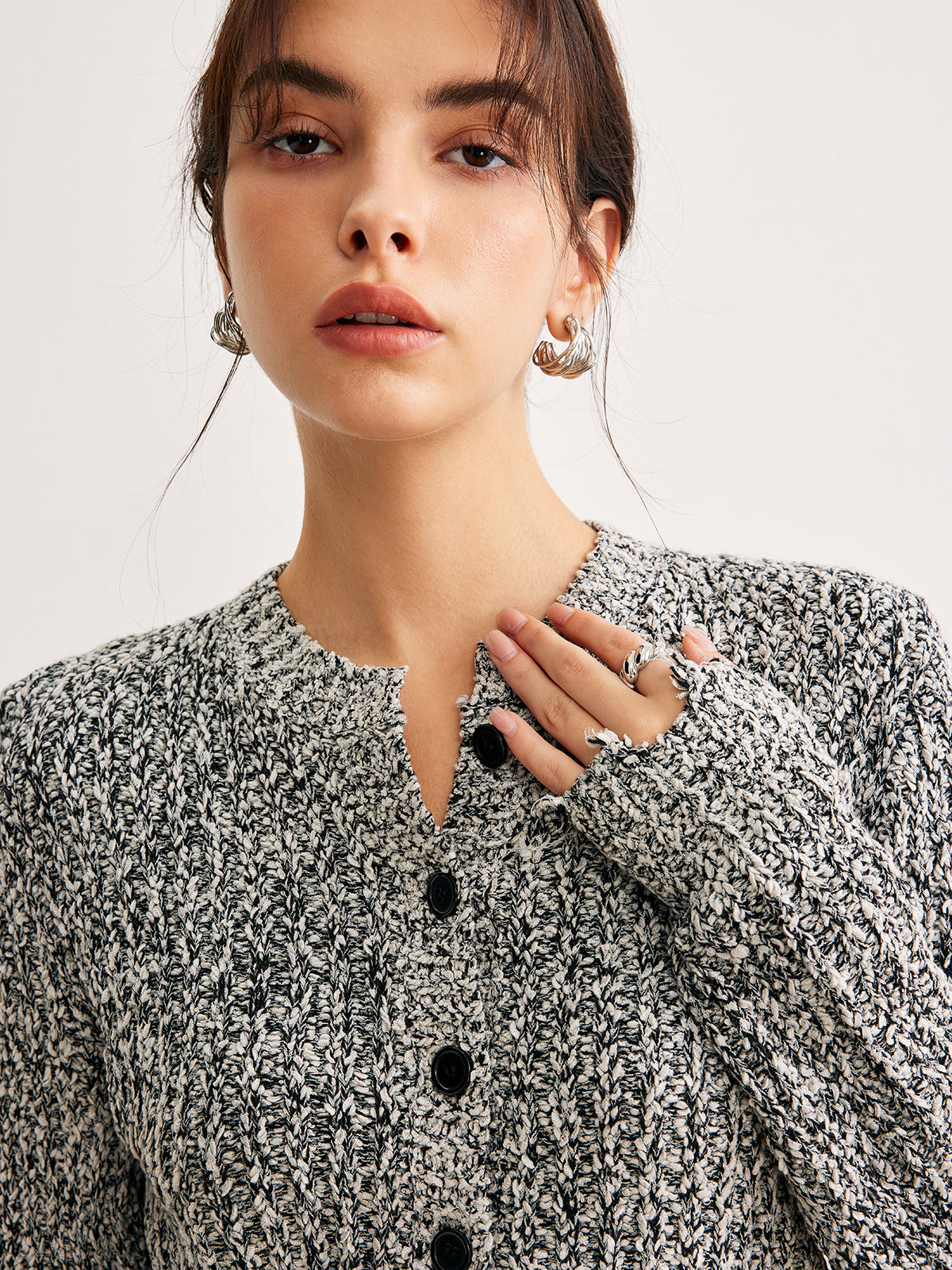Raw Hem Button Slim Knit Top-Massicos