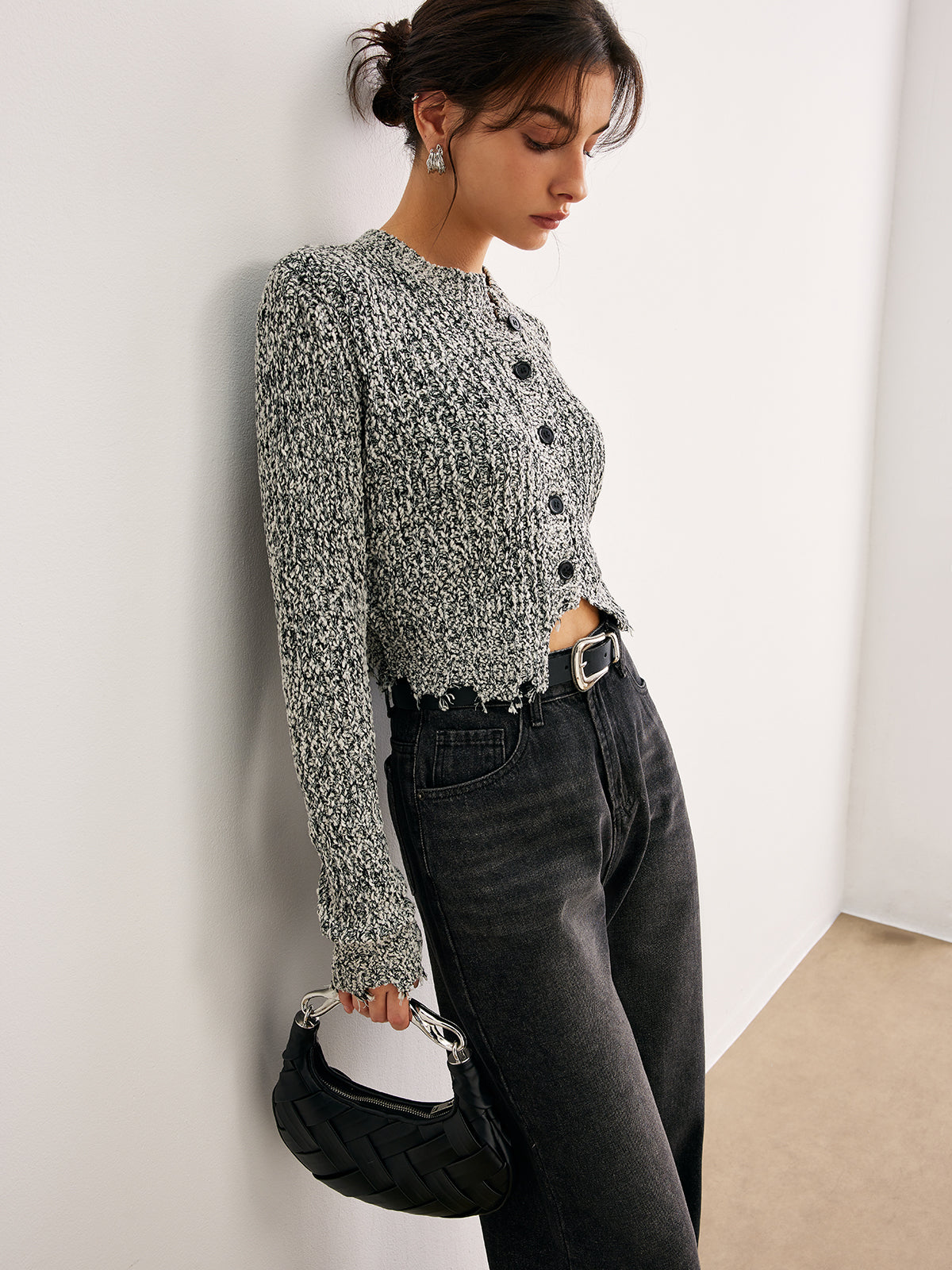 Raw Hem Button Slim Knit Top-Massicos