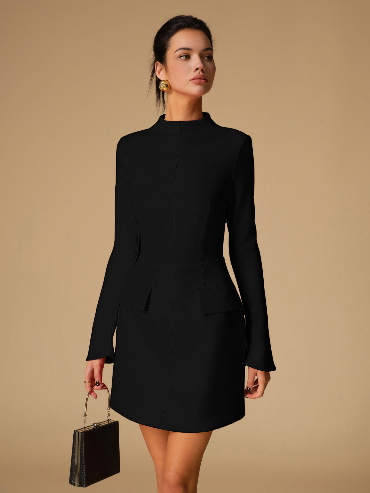 Minimalist Plain Mock Neck Dress-Massicos