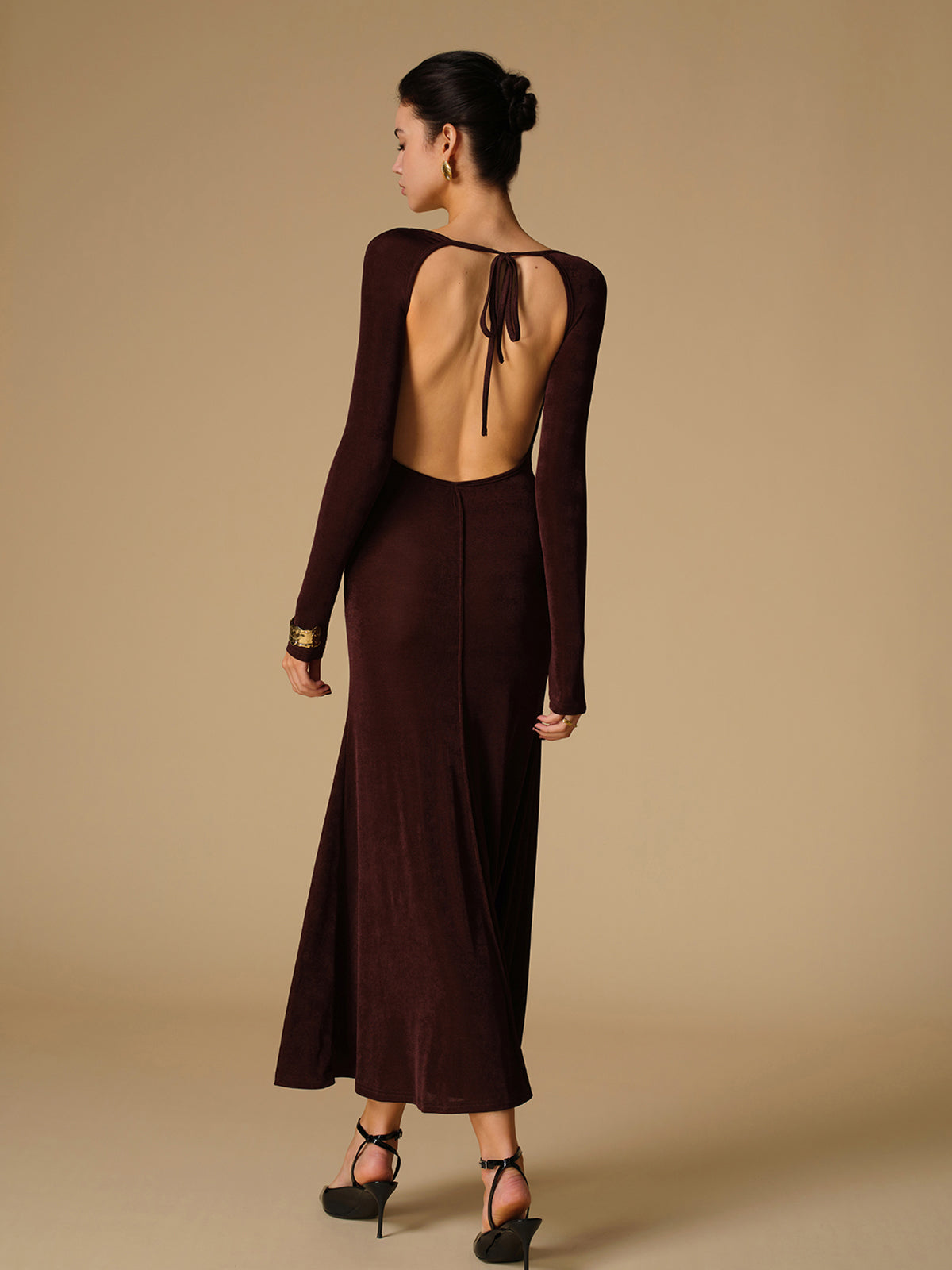 Tie Neck Backless Jersey Long Dress-Massicos