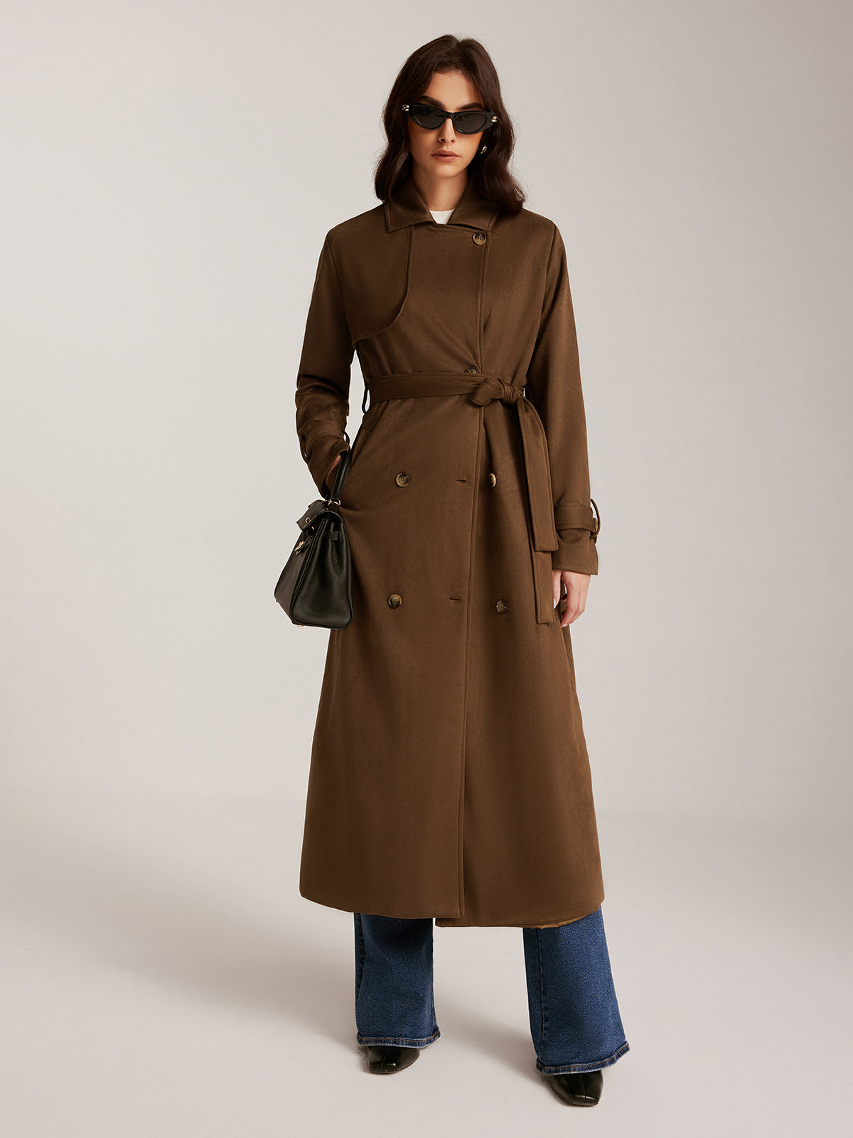 Suede Belted Button Long Trench Coat-Massicos