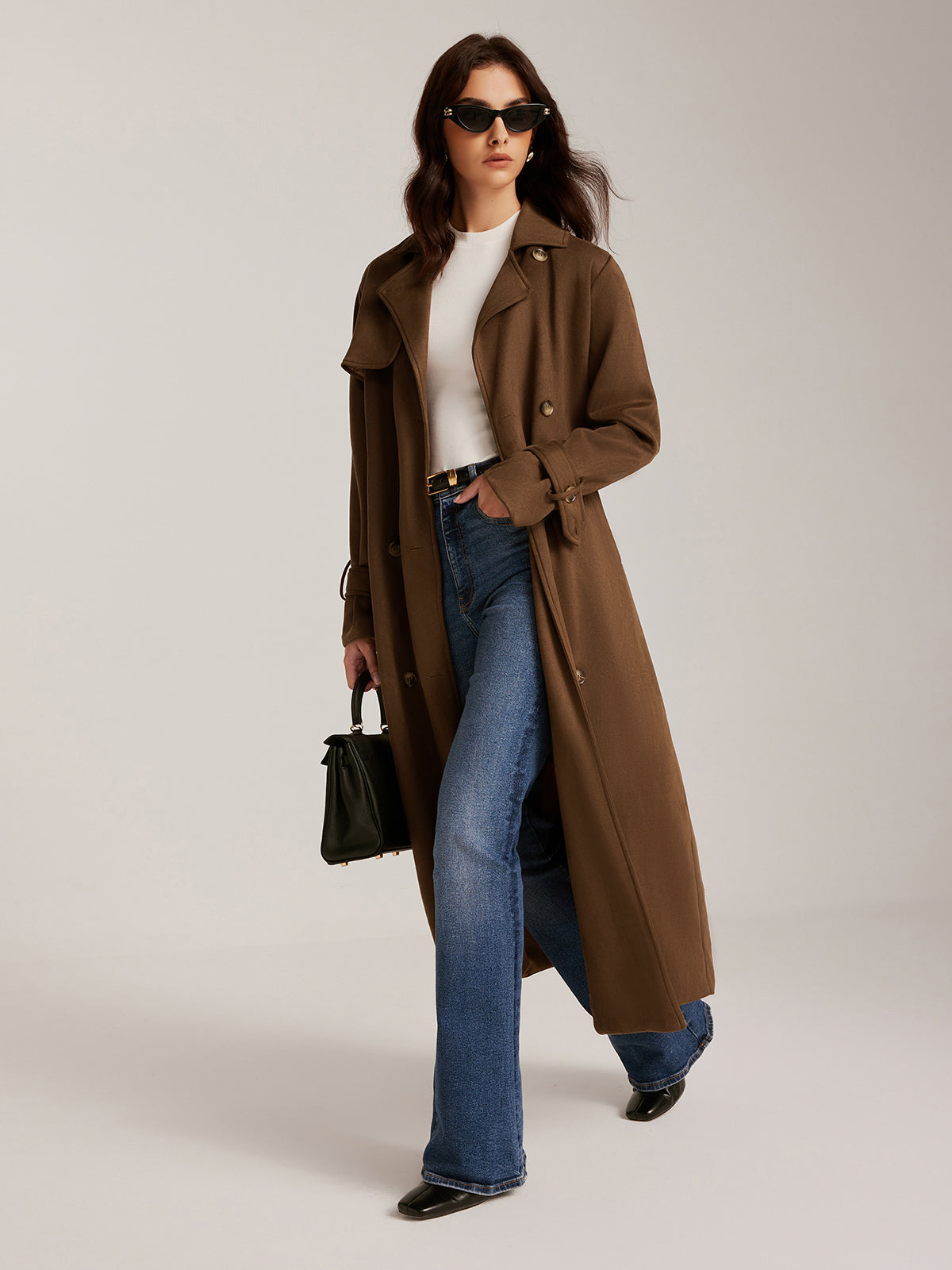 Suede Belted Button Long Trench Coat-Massicos