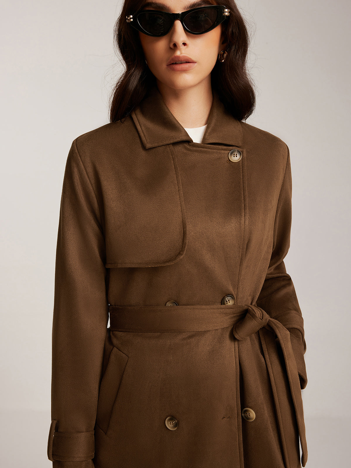 Suede Belted Button Long Trench Coat-Massicos