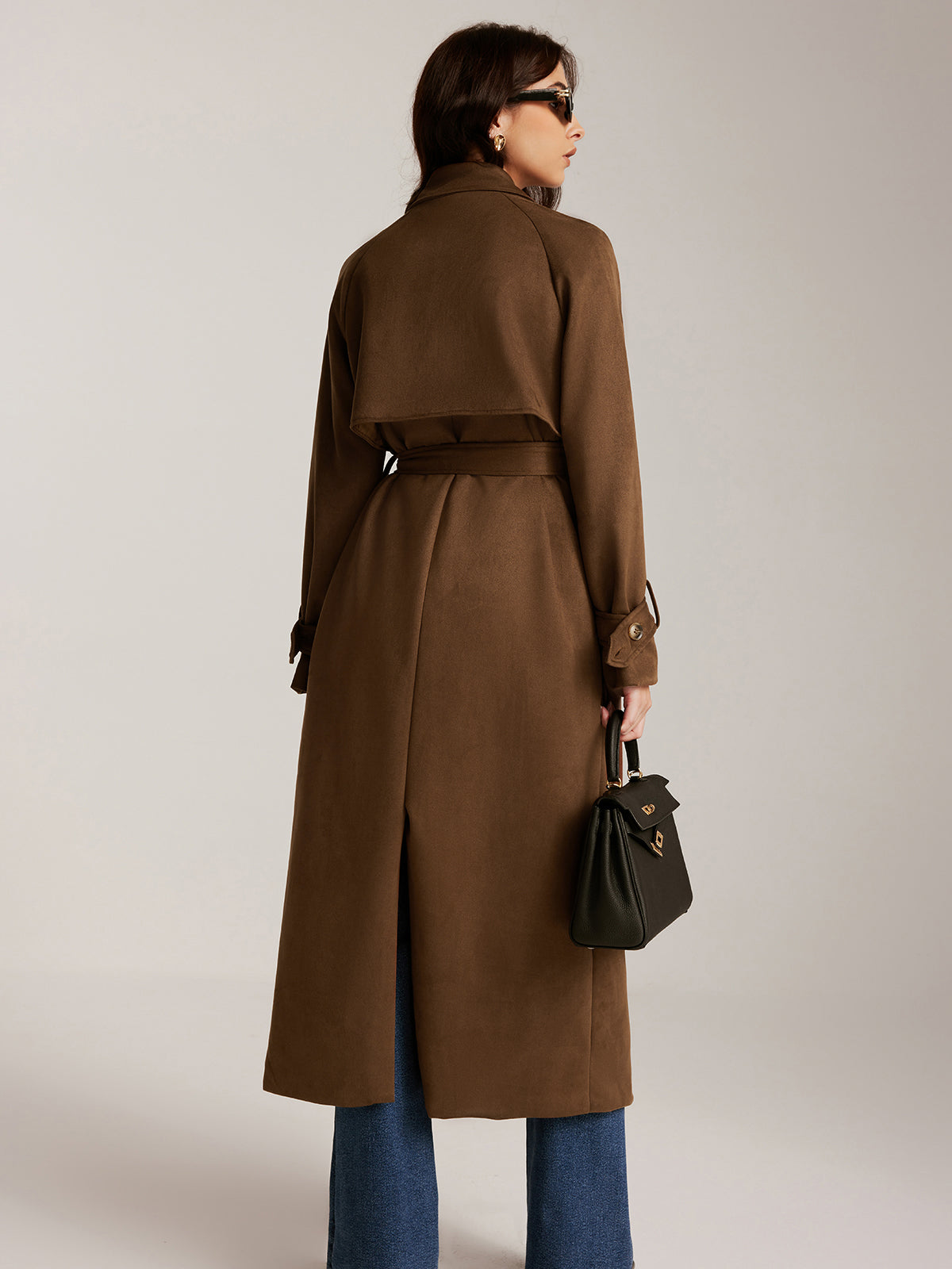 Suede Belted Button Long Trench Coat-Massicos