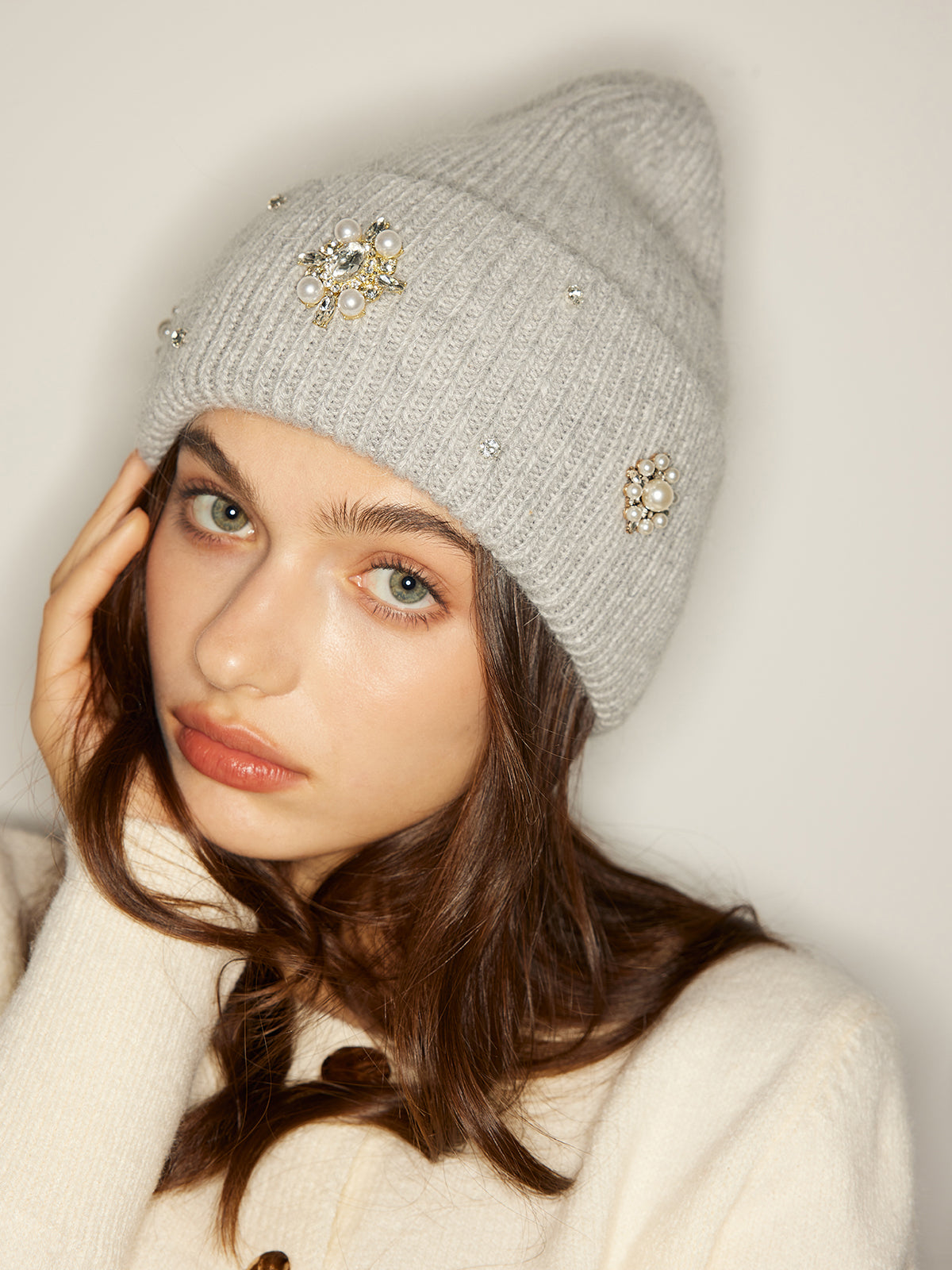 Rhinestone Rabbit Fur Beanie-Massicos