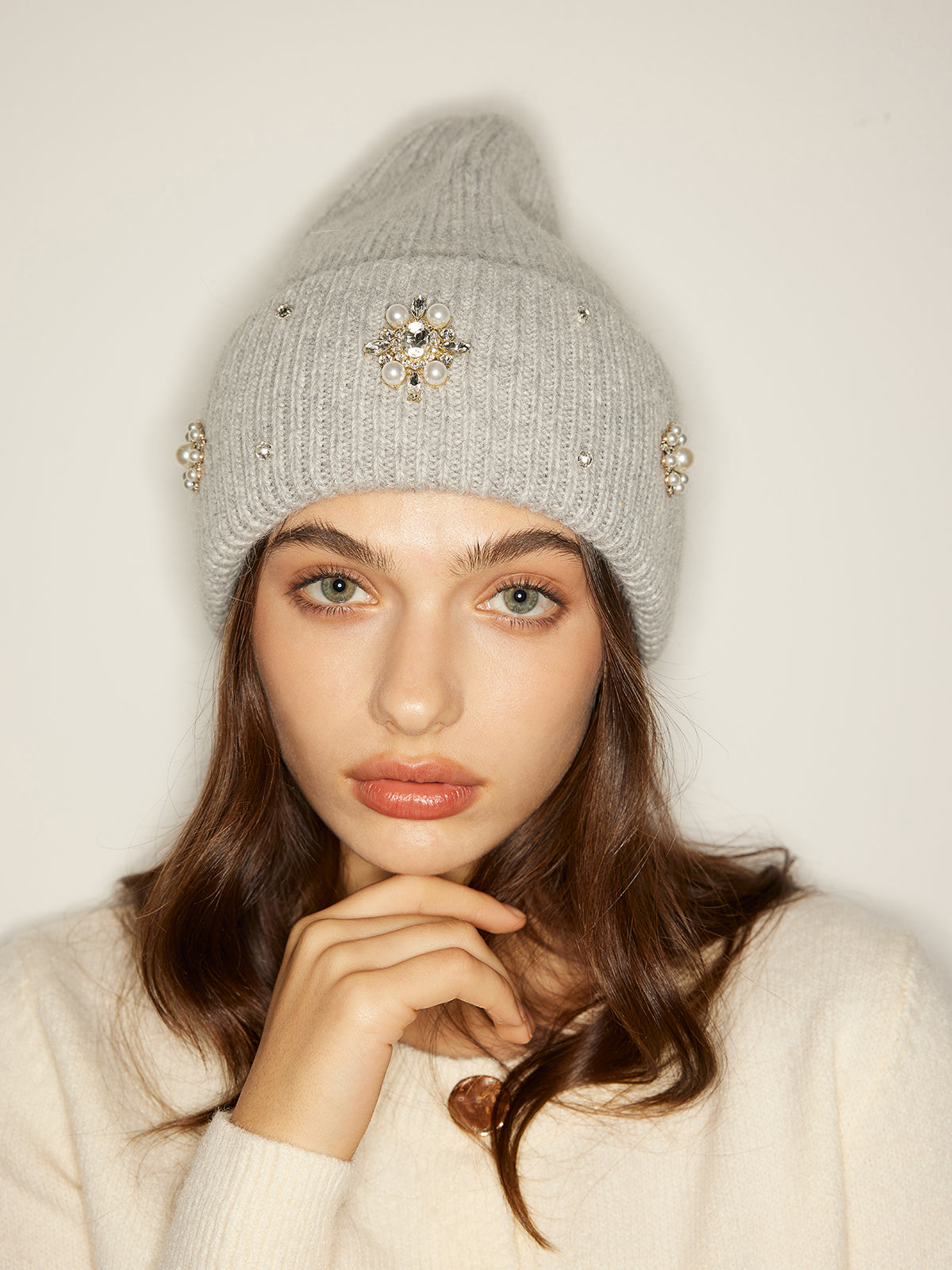Rhinestone Rabbit Fur Beanie-Massicos