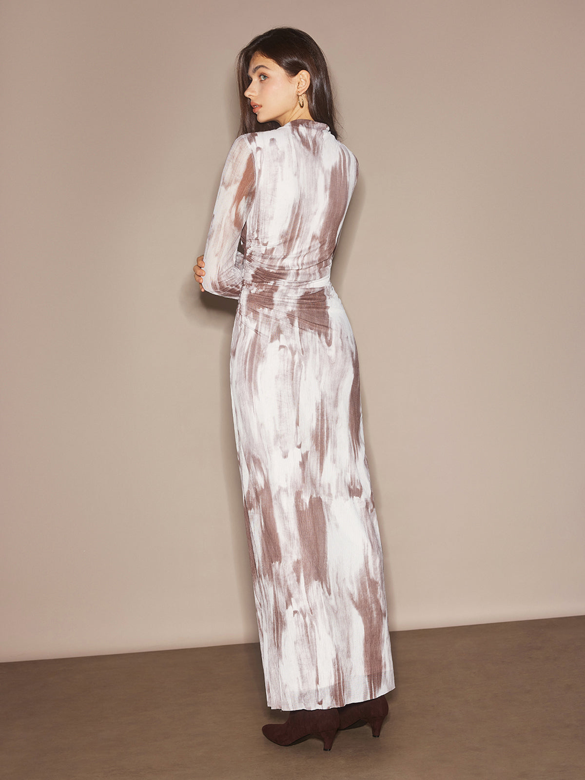 Semi-Sheer Dye Printed Mesh Dress Without Belt-Massicos