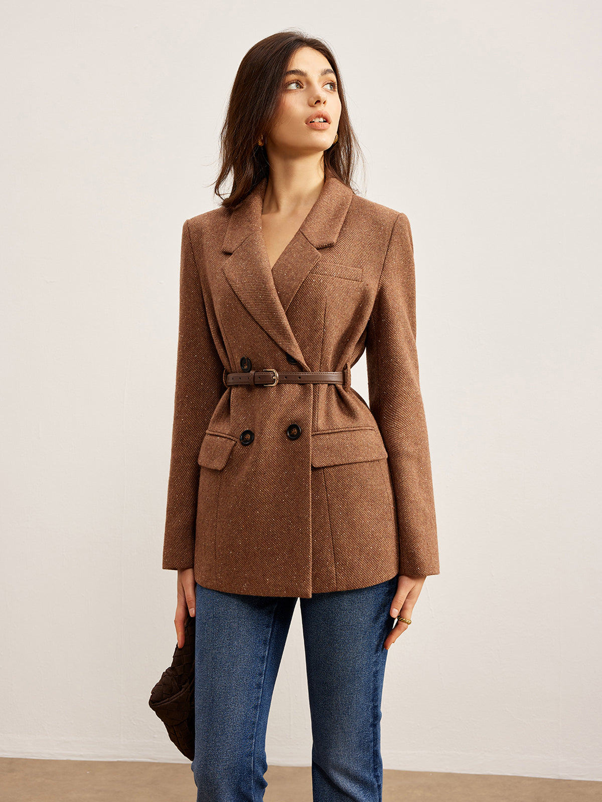Wool-Blend Textured Belted Blazer-Massicos
