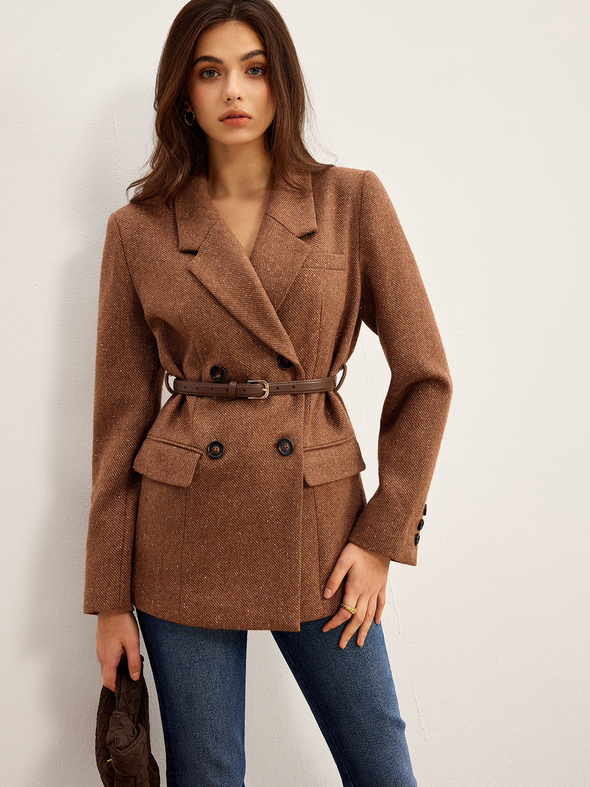 Wool-Blend Textured Belted Blazer-Massicos