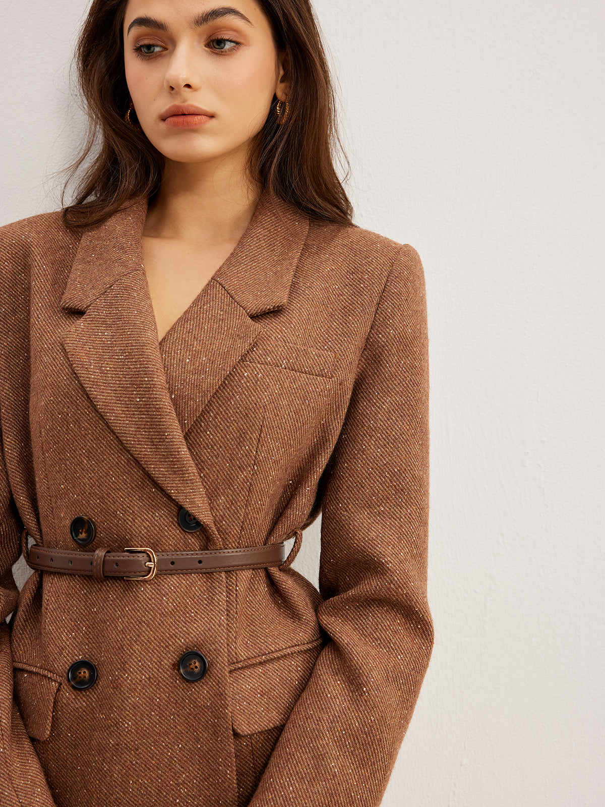 Wool-Blend Textured Belted Blazer-Massicos