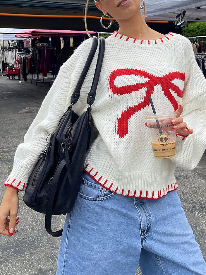 Contrast Binding Bow Sweater-Massicos