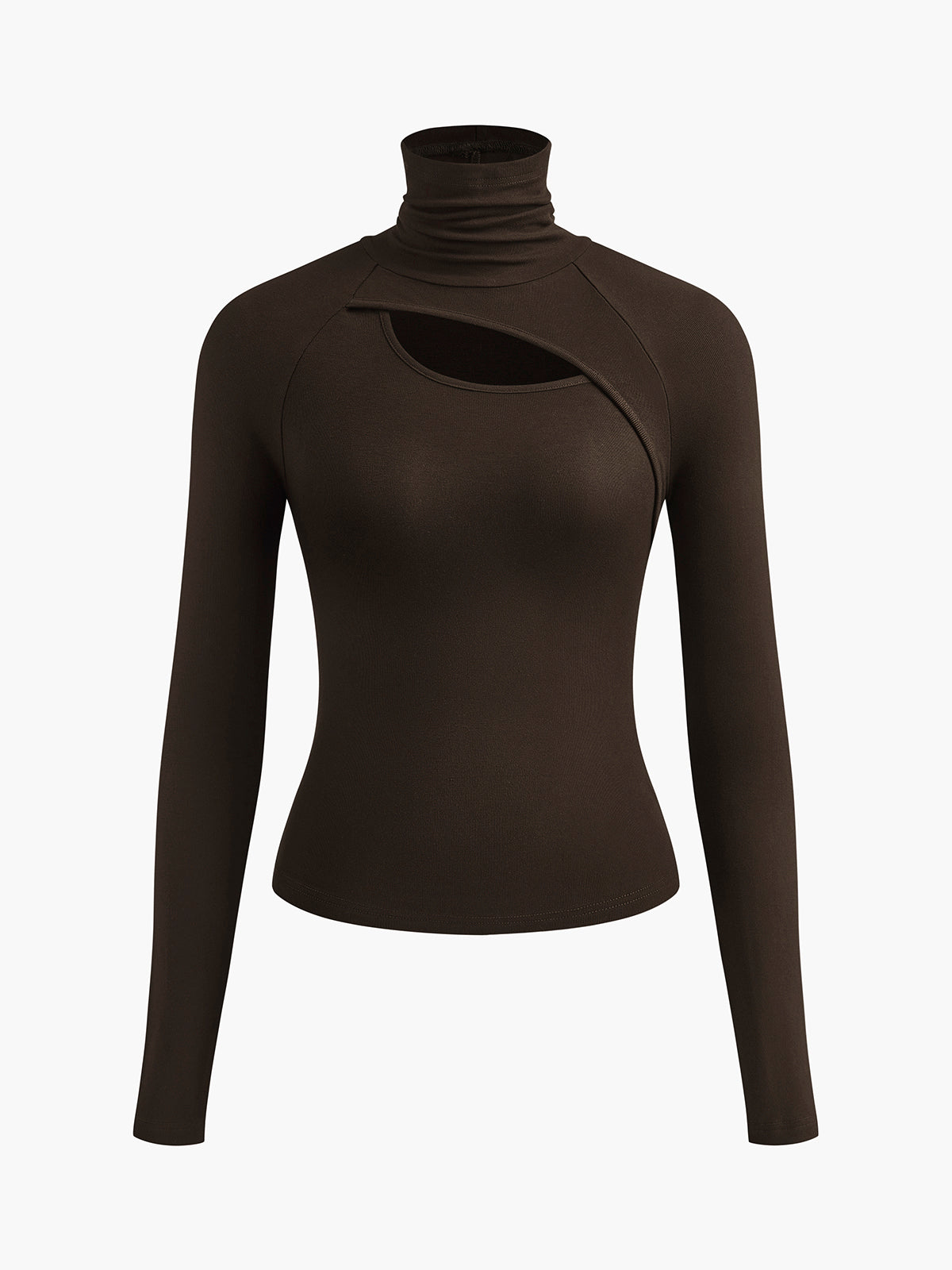Asymmetric Cut Out Turtleneck Long Sleeve Slinky Top-Massicos