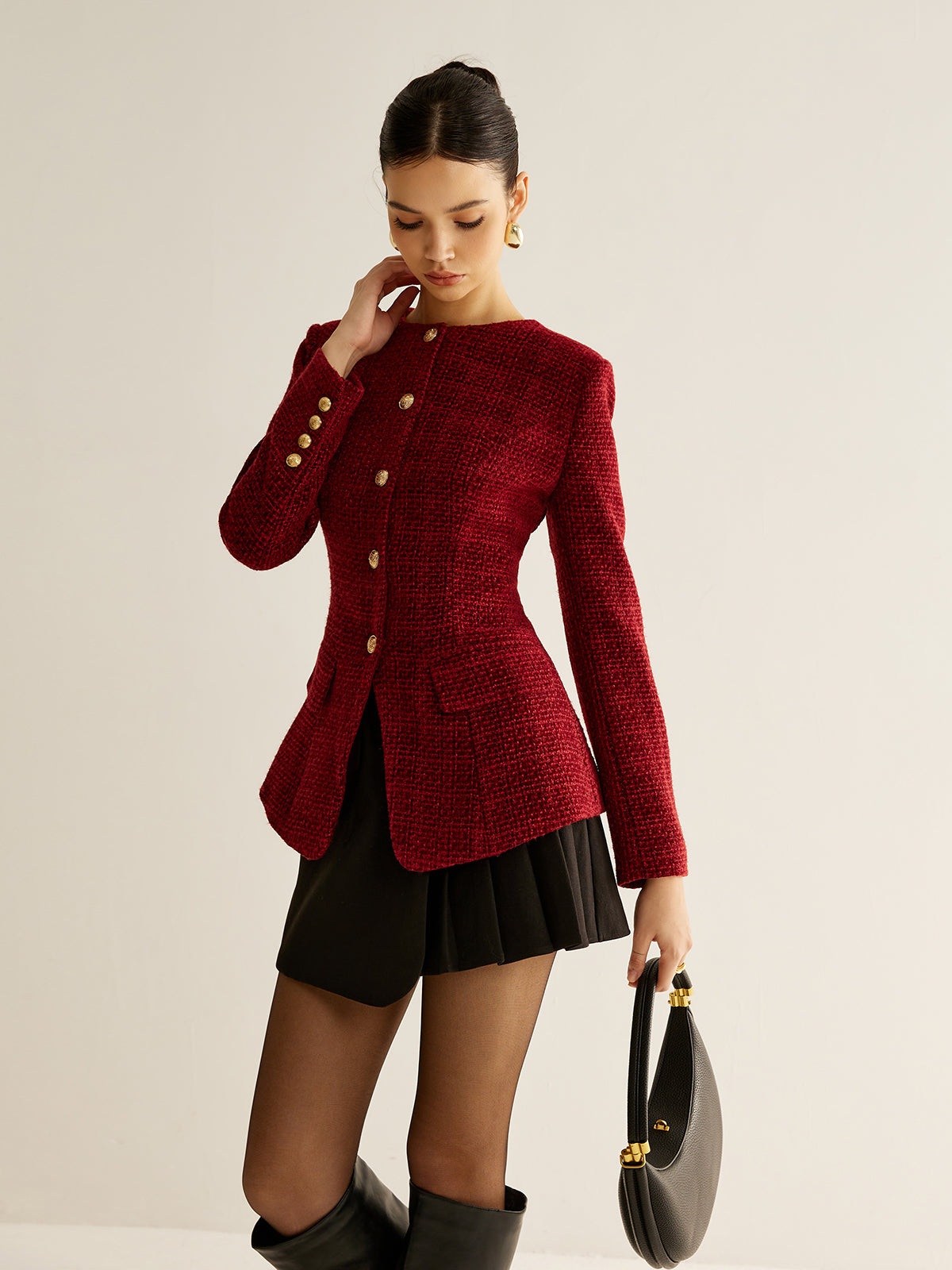 Button Down Slit Tweed Blazer-Massicos