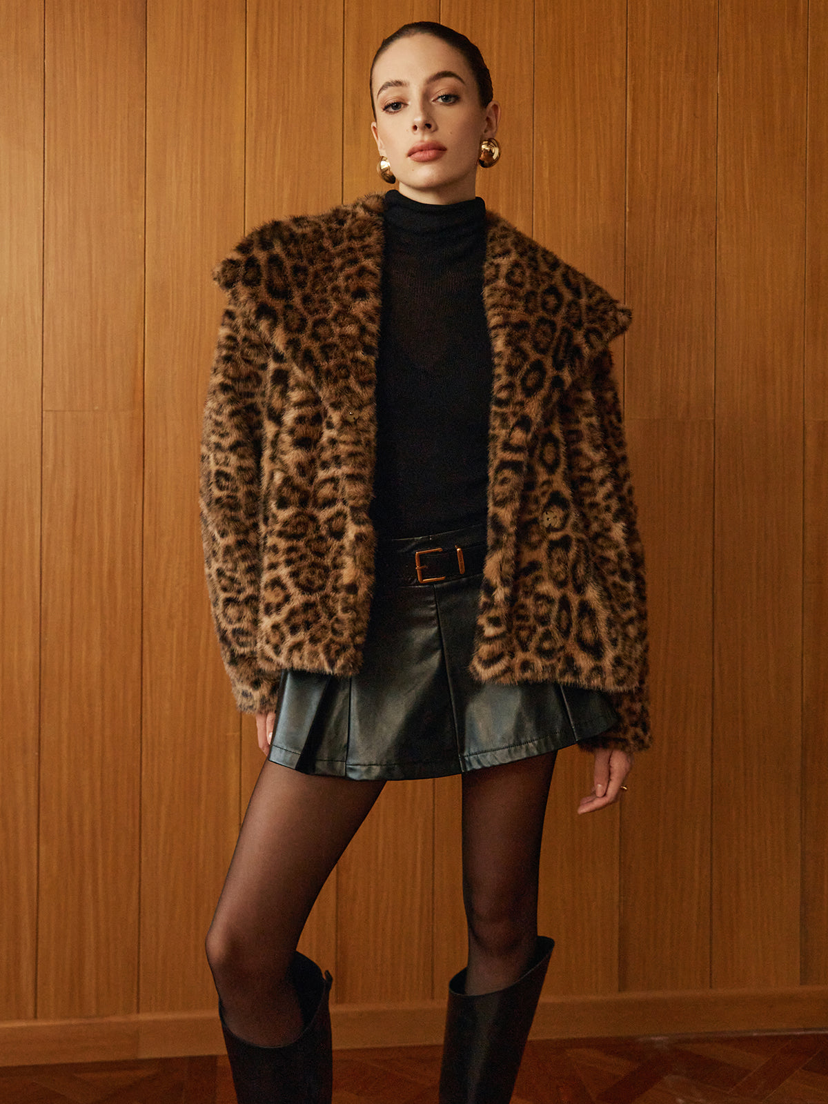 Leopard Printed Faux Fur Warm Coat-Massicos