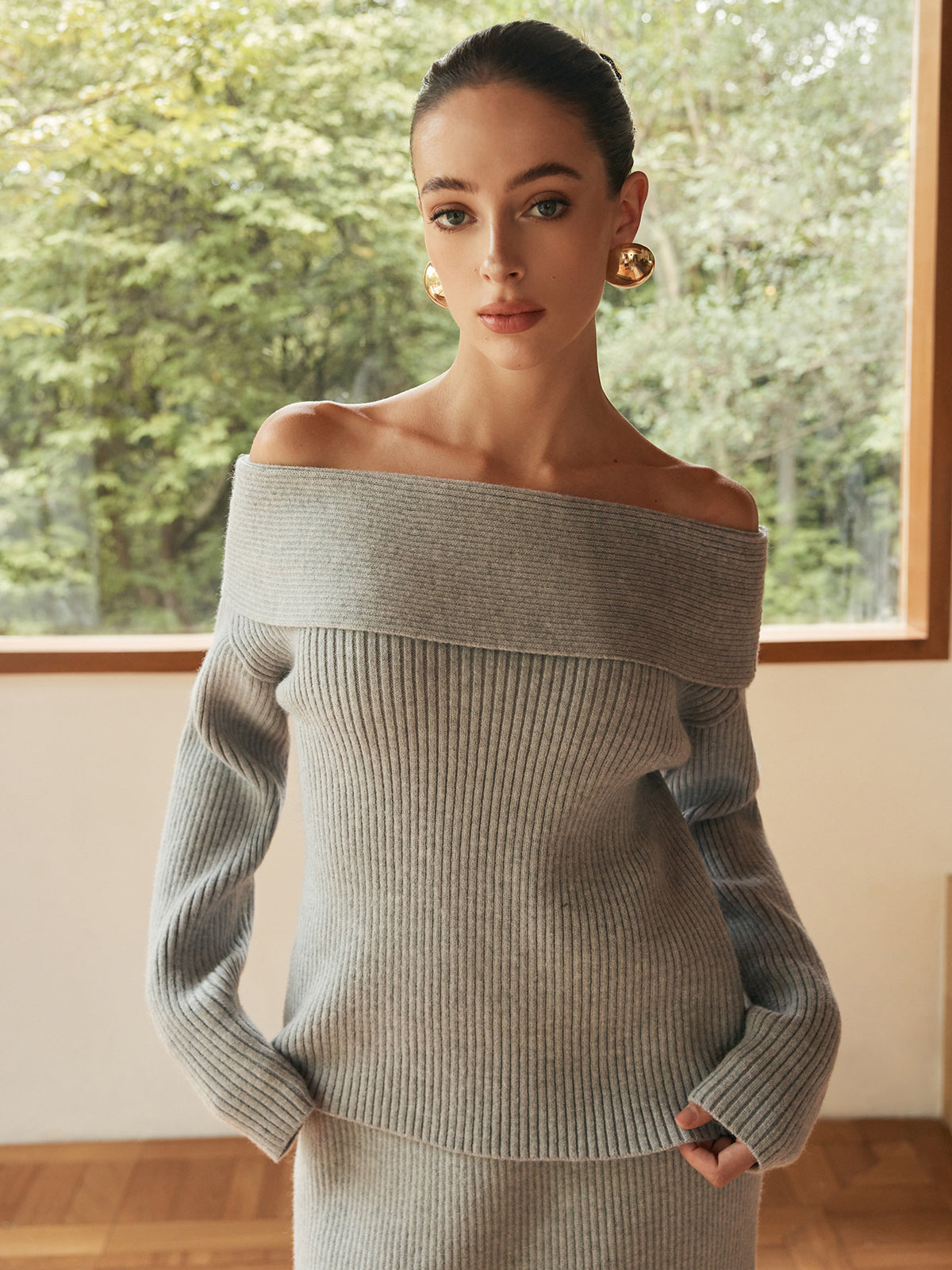 Ribbed Off-Shoulder Sweater Co-ords Without Belt-Massicos