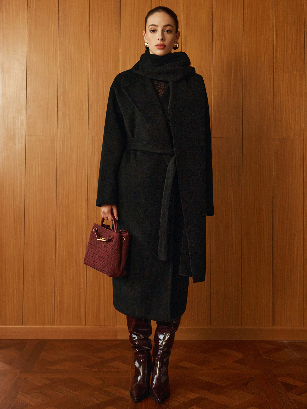 Versatile Belted Warm Coat With Matching Scarf-Massicos