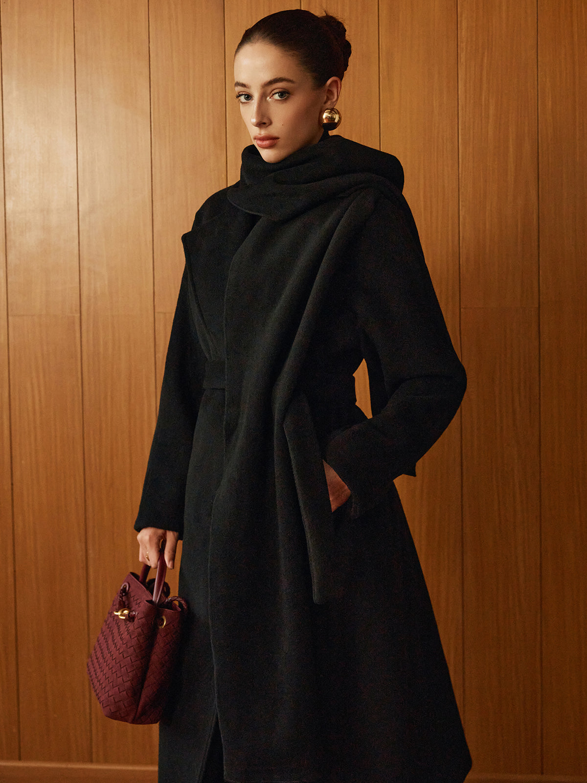 Versatile Belted Warm Coat With Matching Scarf-Massicos