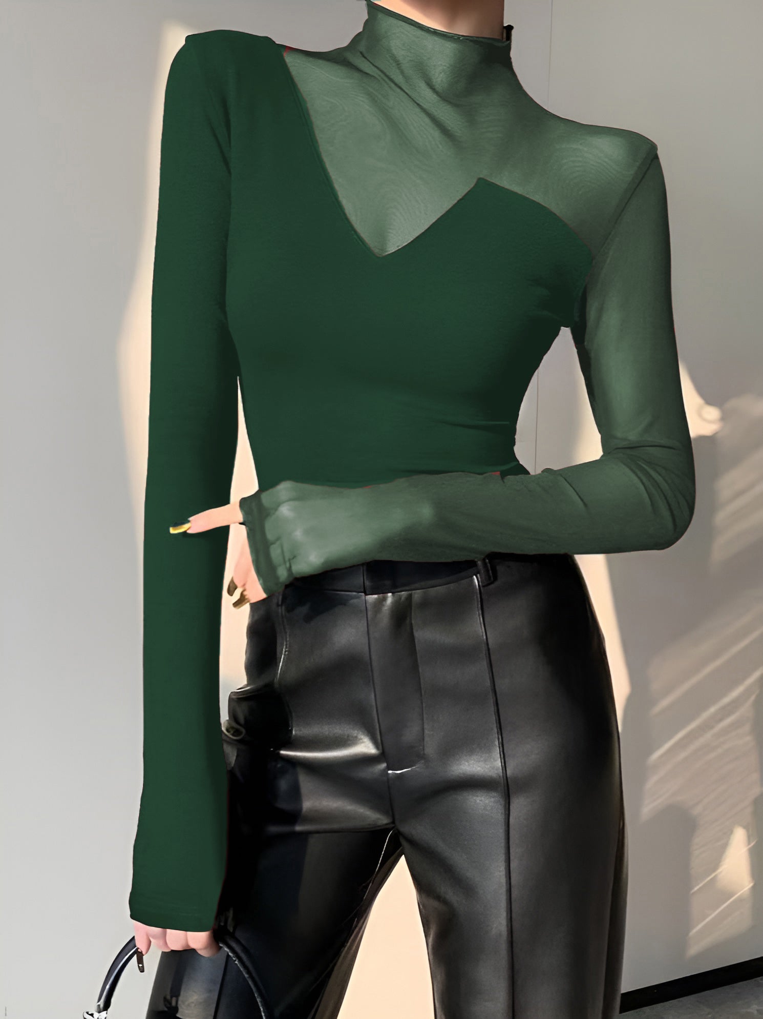 Asymmetrical Sheer Mesh Panel T-Shirt-Massicos