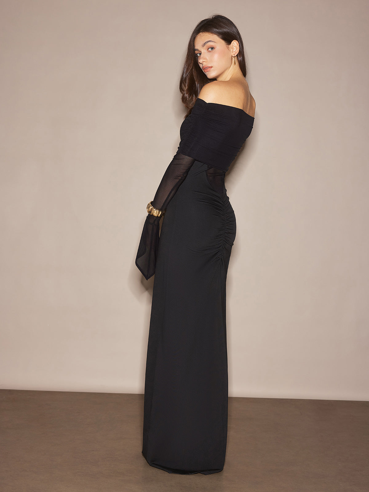 Off-Shoulder Sheer Panel Dress-Massicos
