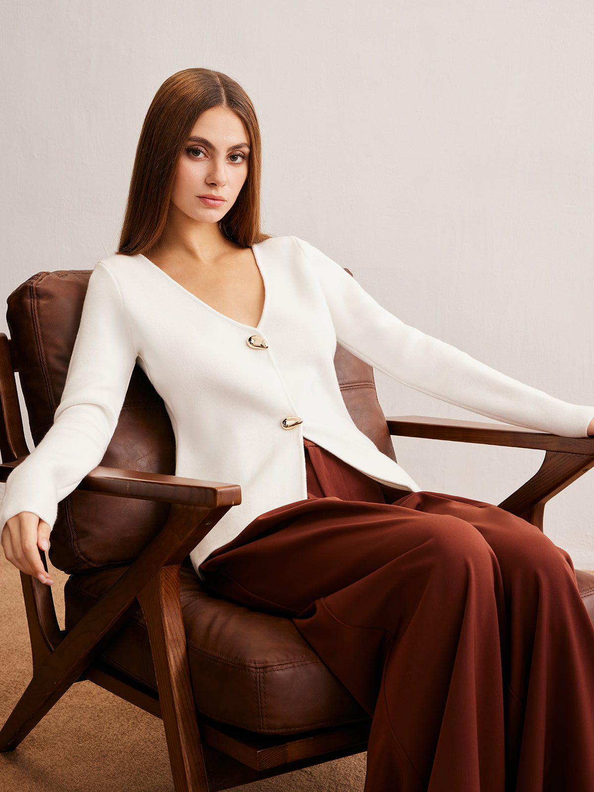 Waterdrop-Button V-Neck Cardigan-Massicos