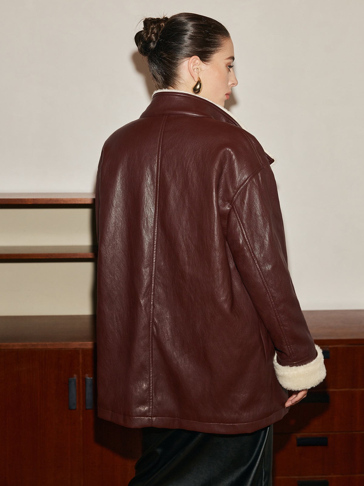 Fleecing PU Leather Belted Jacket-Massicos