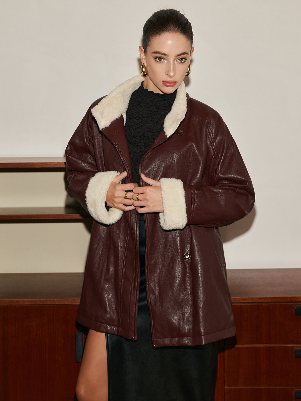 Fleecing PU Leather Belted Jacket-Massicos
