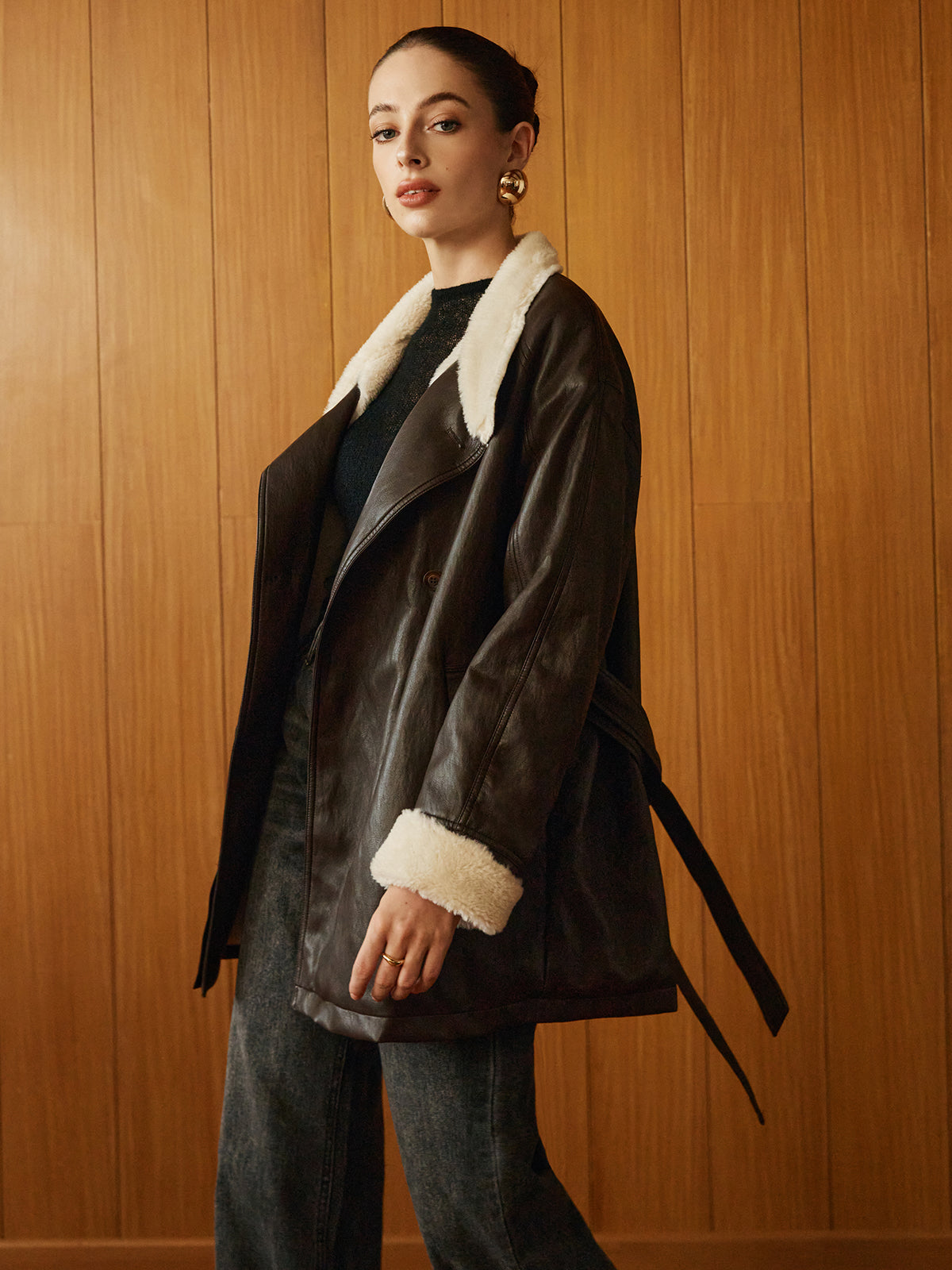 Fleecing PU Leather Belted Jacket-Massicos