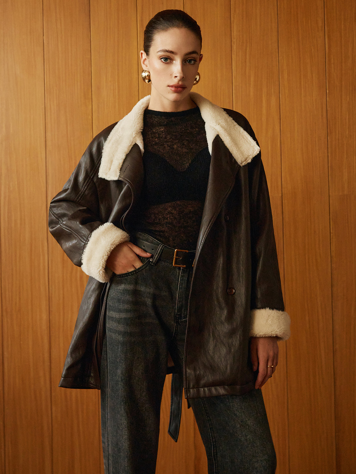 Fleecing PU Leather Belted Jacket-Massicos